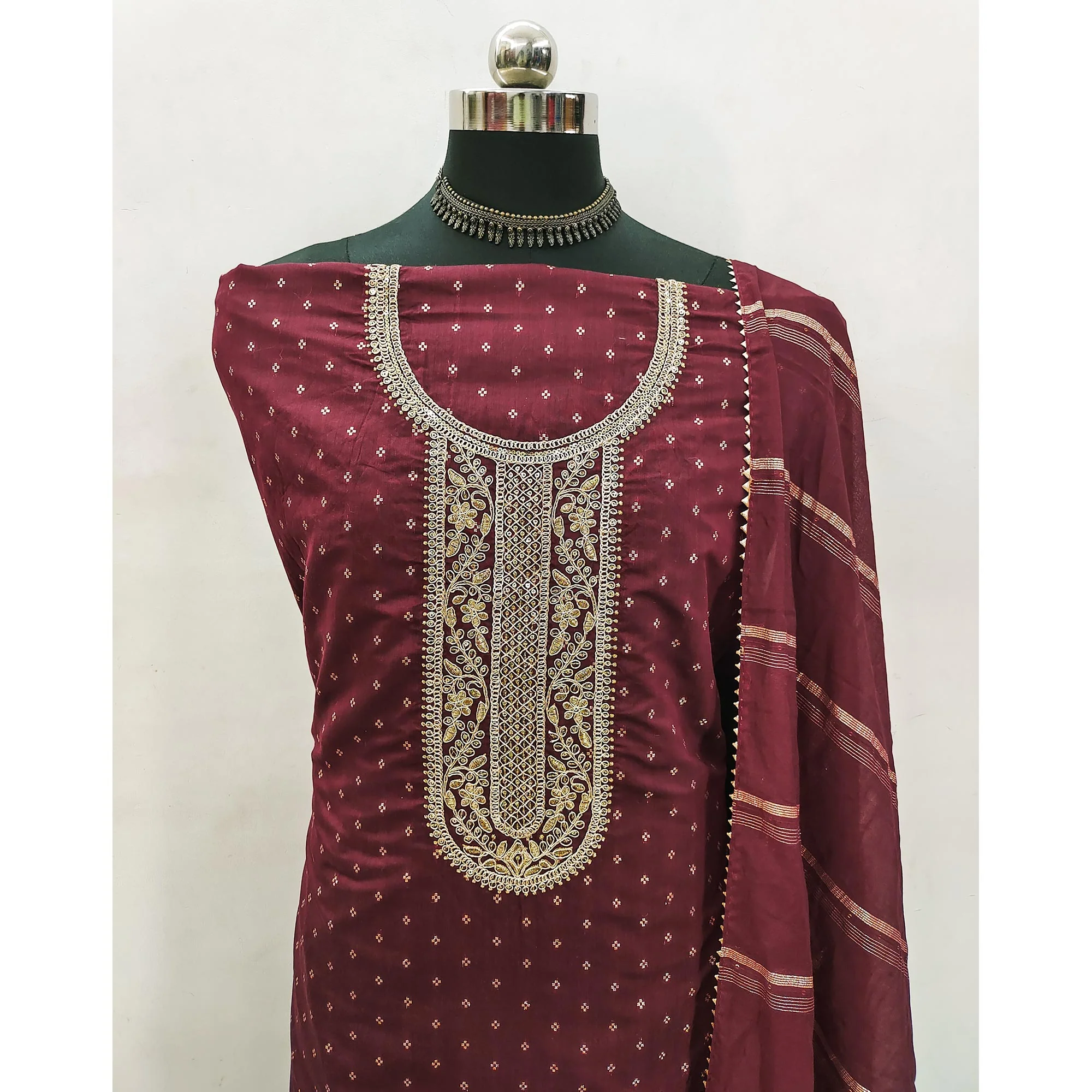 Maroon Butti With Embroidered Chanderi Silk Dress Material - Image 4