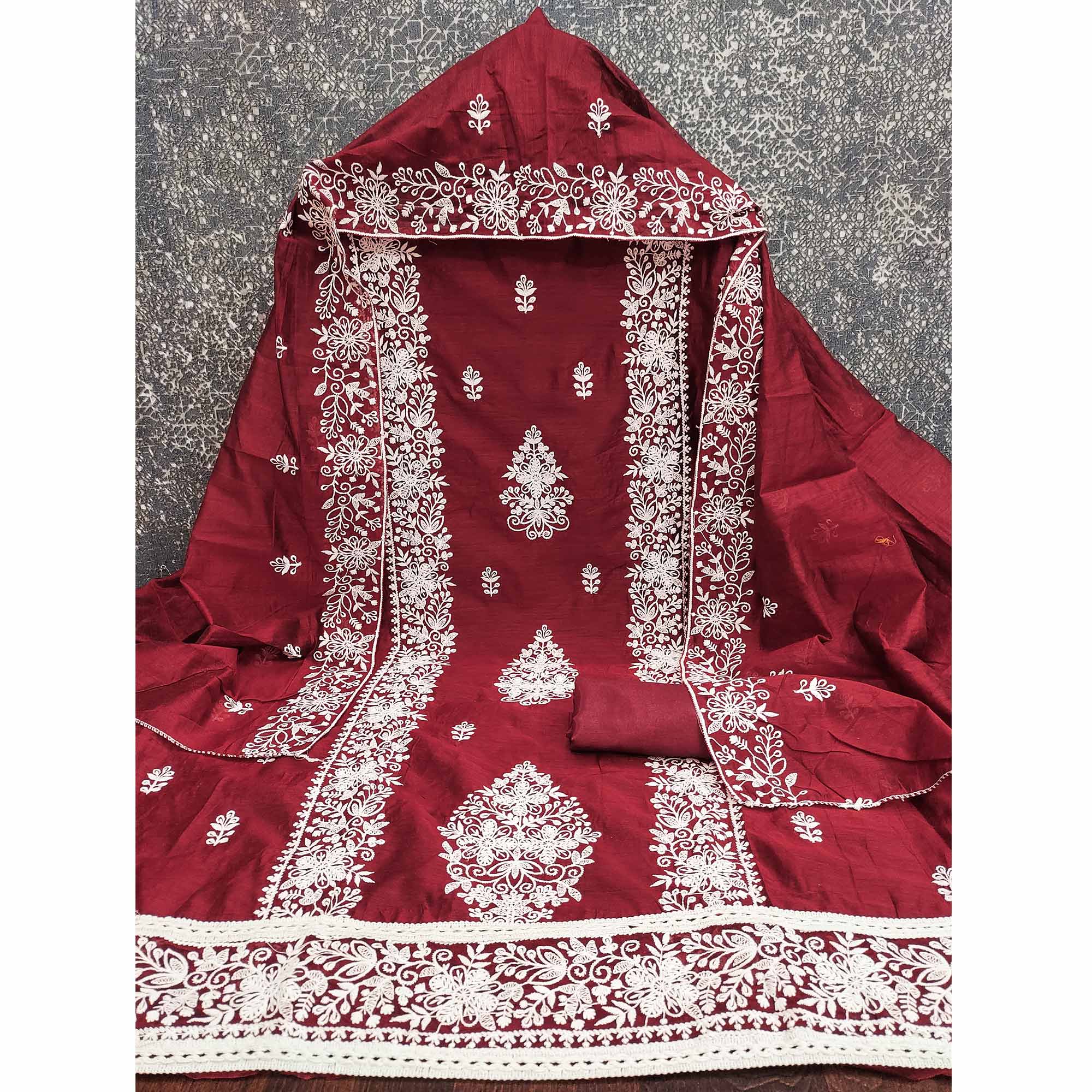 Maroon Chanderi Cotton Dress Material With Graceful Floral Thread Embroidery - Image 4