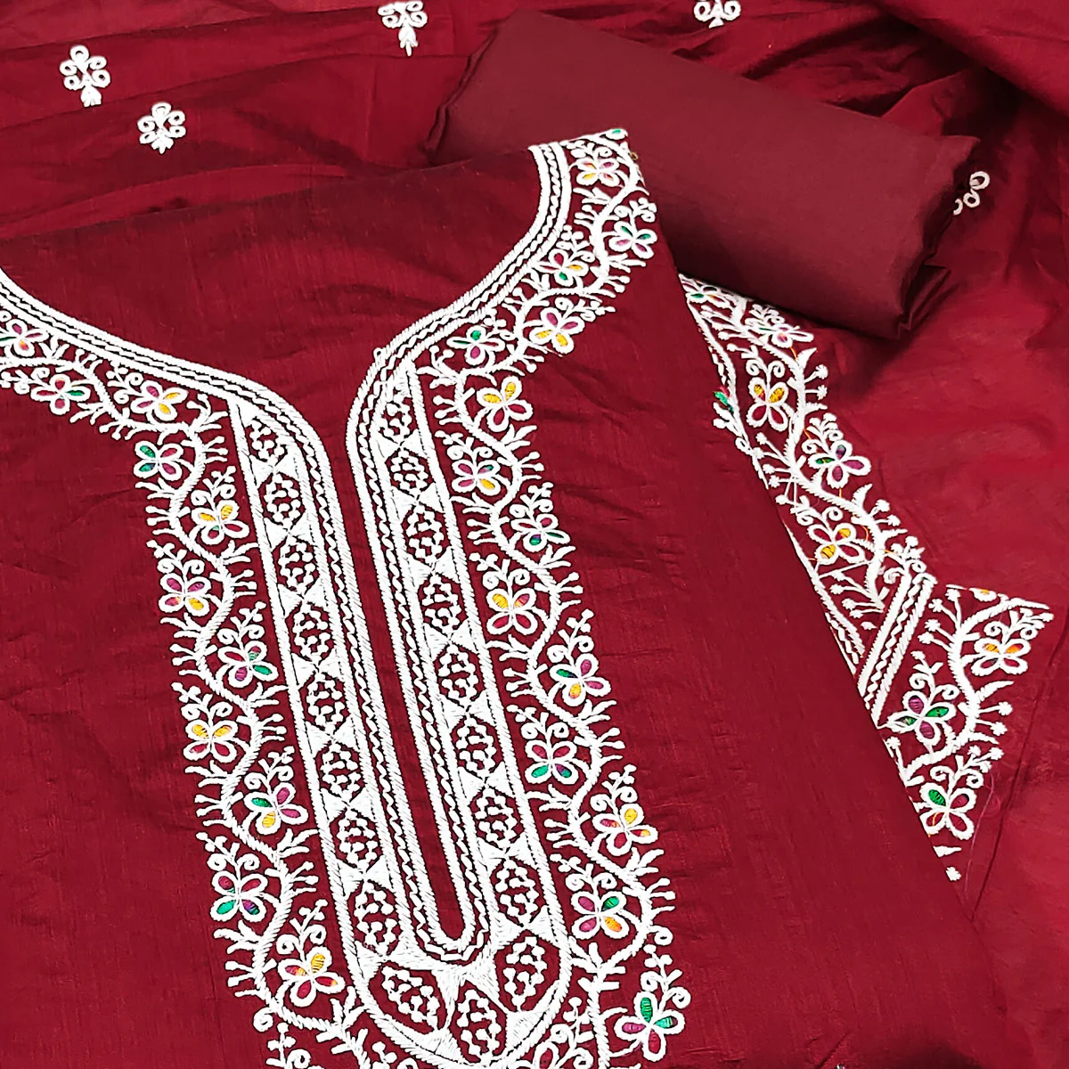 Maroon Chanderi Silk Dress Material Beautified with Intricate Floral Thread Embroidery - Image 2