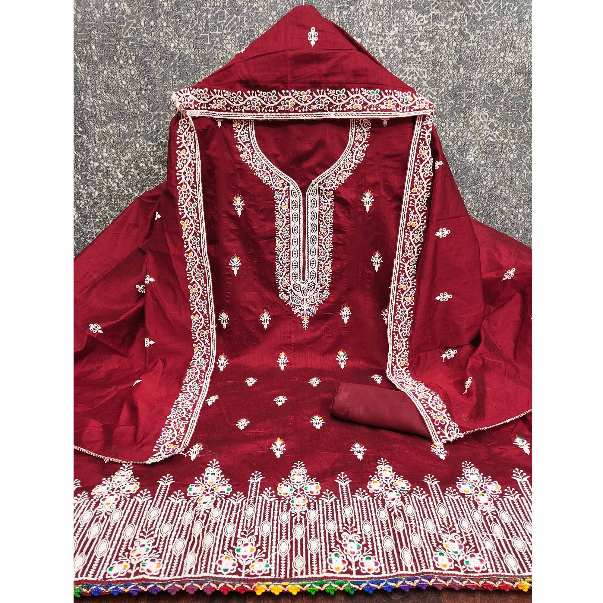 Maroon Chanderi Silk Dress Material Beautified with Intricate Floral Thread Embroidery - Image 3