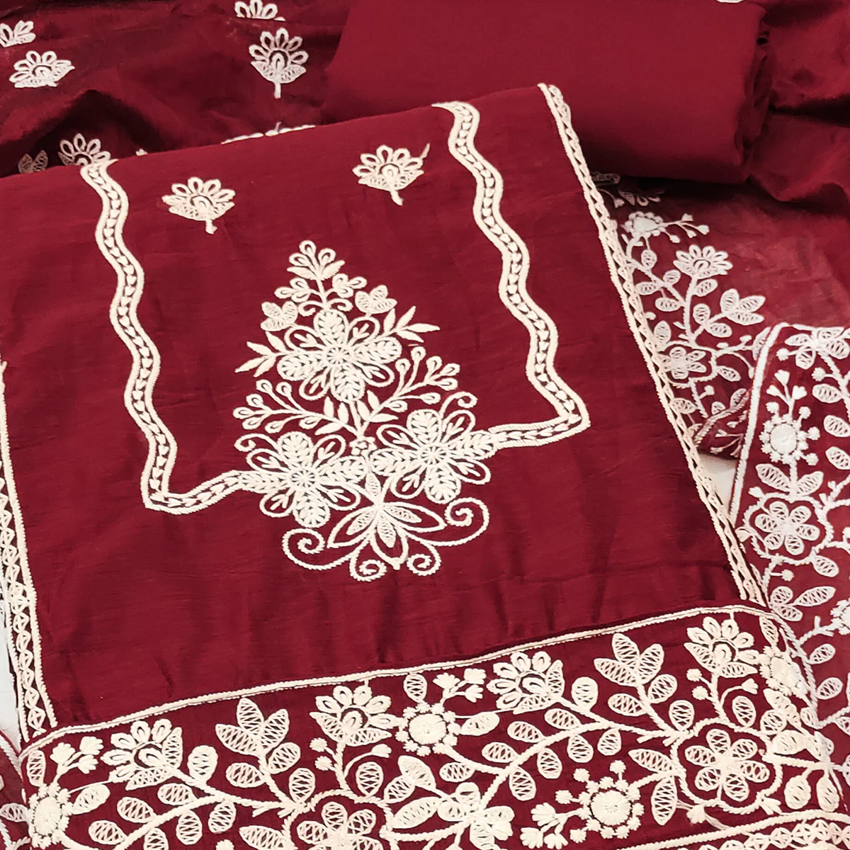 Maroon Chanderi Silk Dress Material With Exquisite Floral Thread Embroidery - Image 2