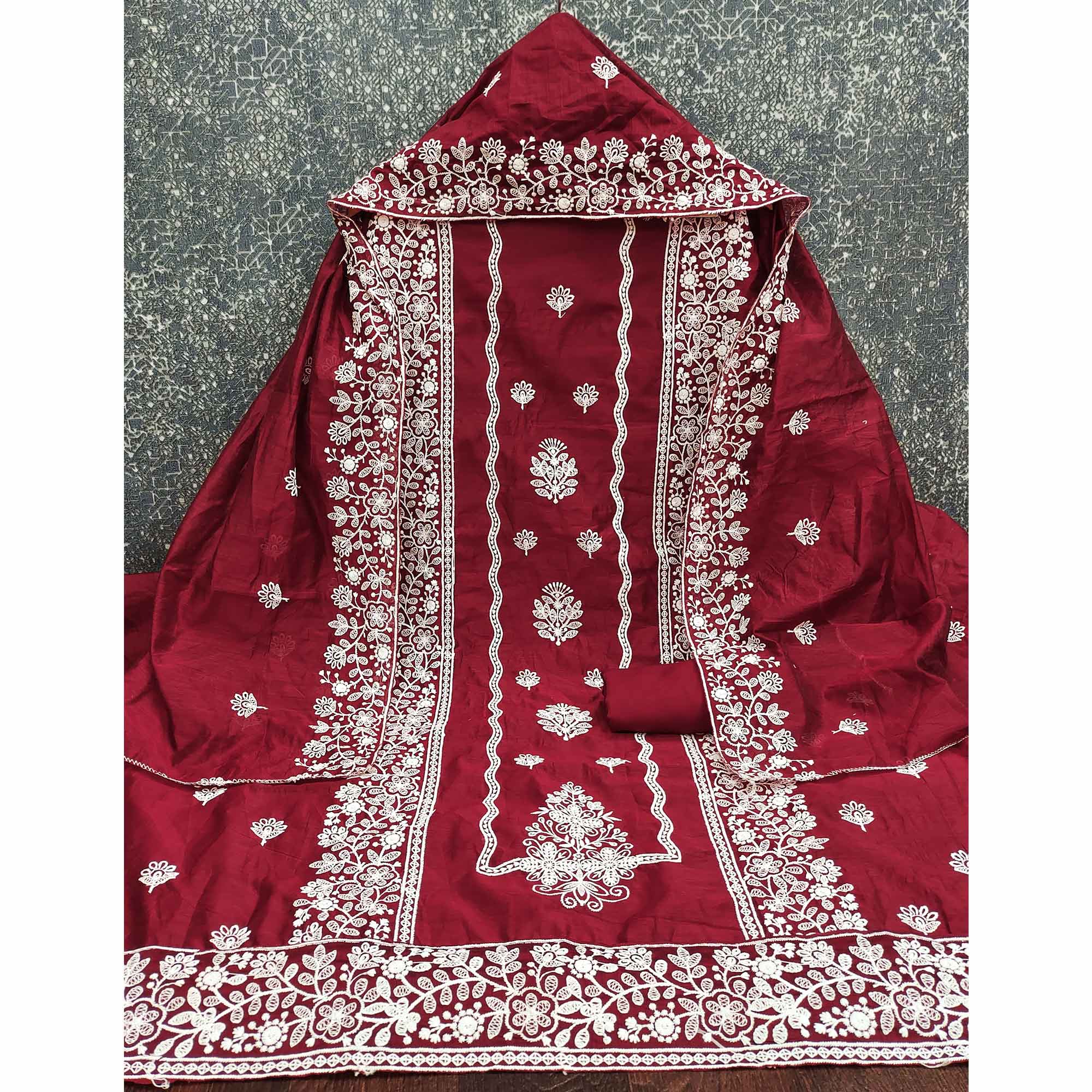 Maroon Chanderi Silk Dress Material With Exquisite Floral Thread Embroidery - Image 4