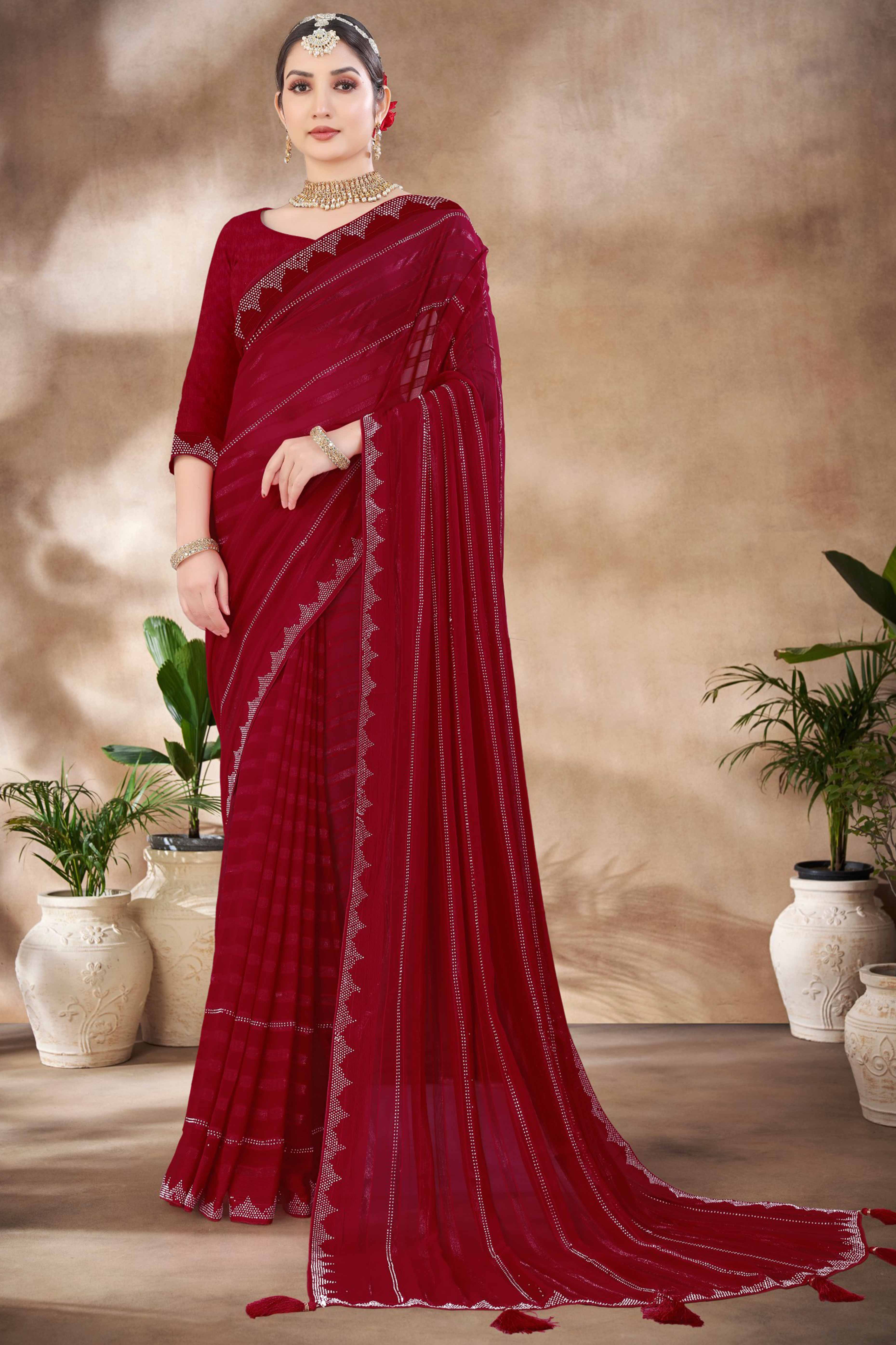 Maroon Chiffon Party Saree Featuring Delicate Stone Embellishments - Image 3
