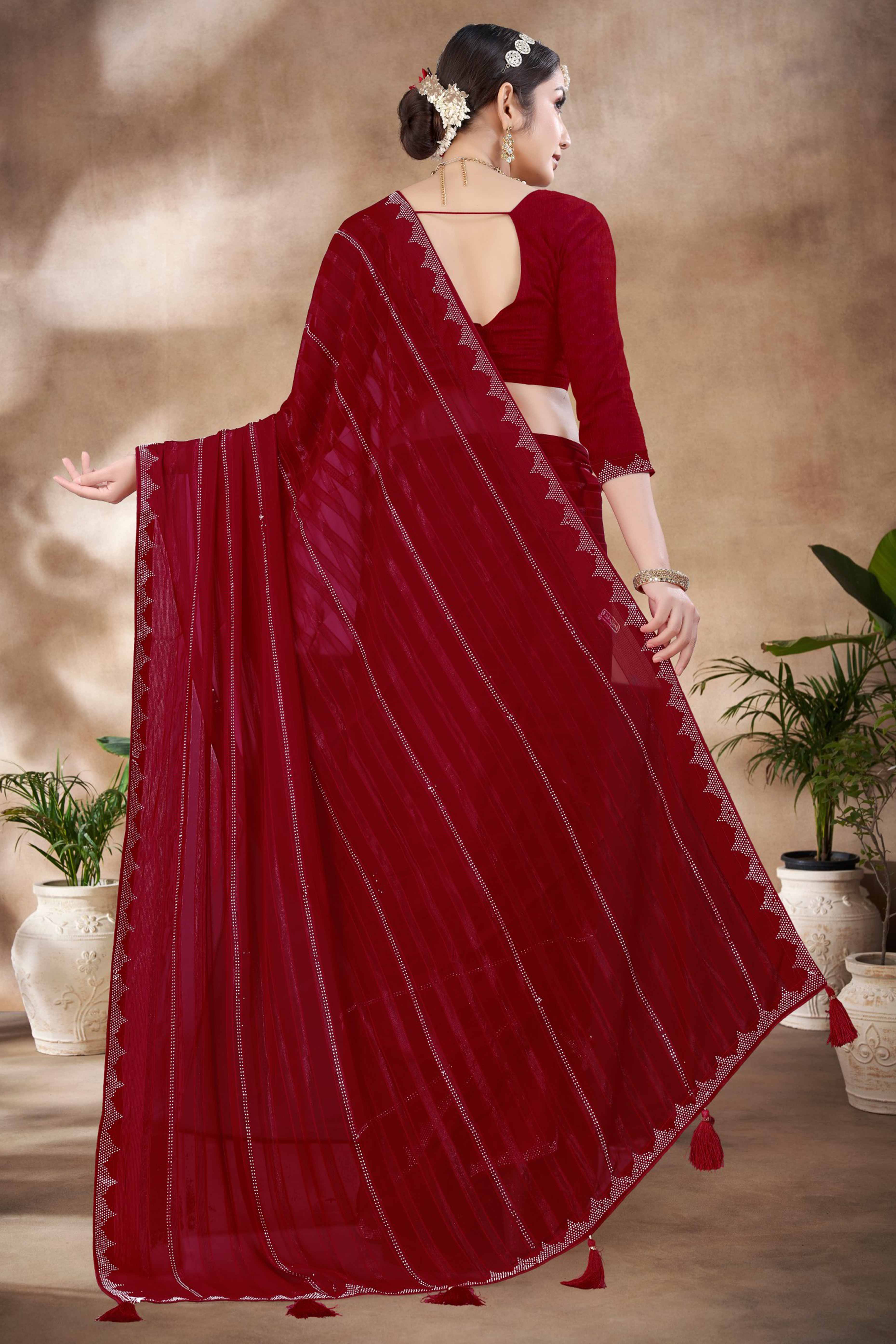 Maroon Chiffon Party Saree Featuring Delicate Stone Embellishments - Image 5