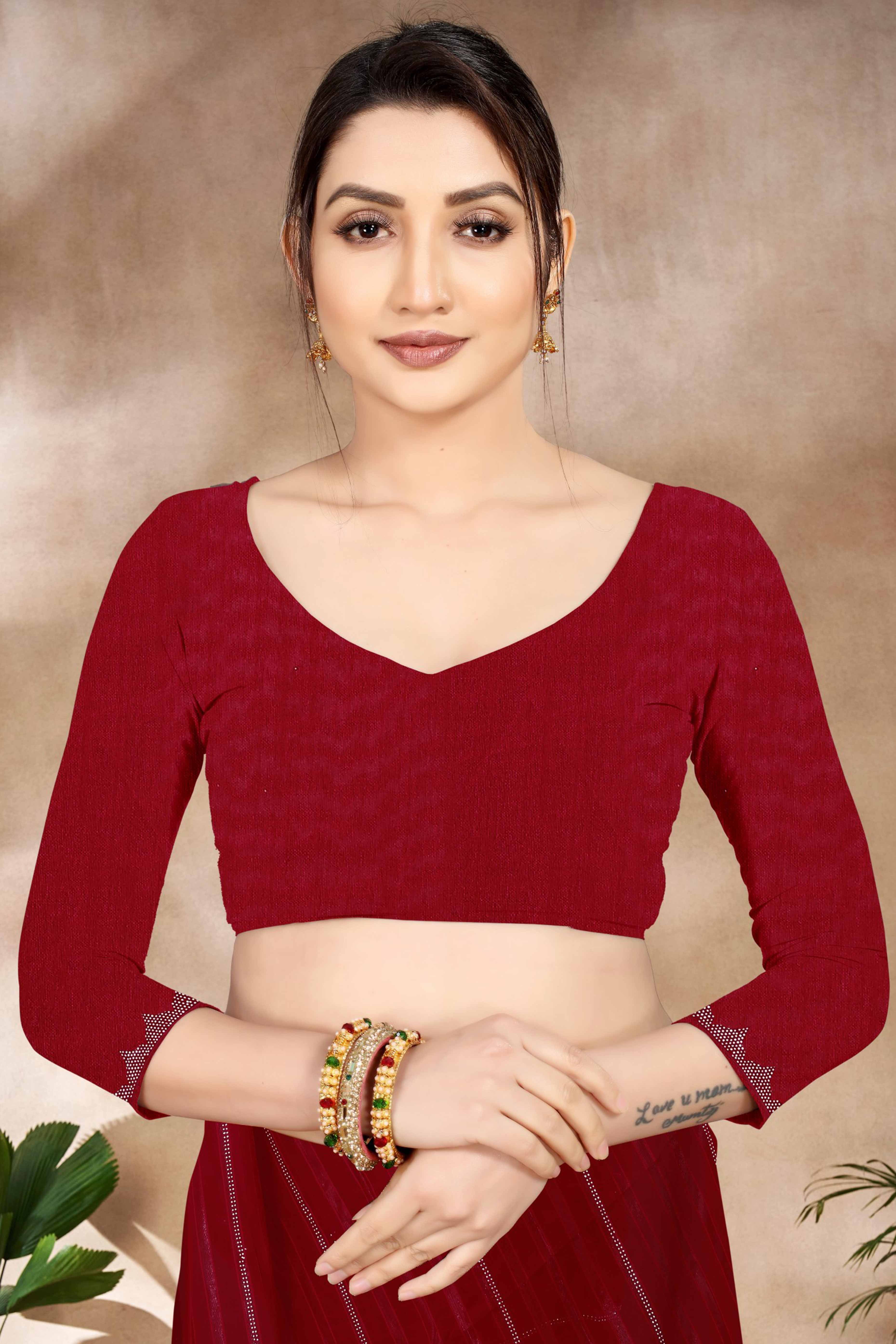 Maroon Chiffon Party Saree Featuring Delicate Stone Embellishments - Image 6