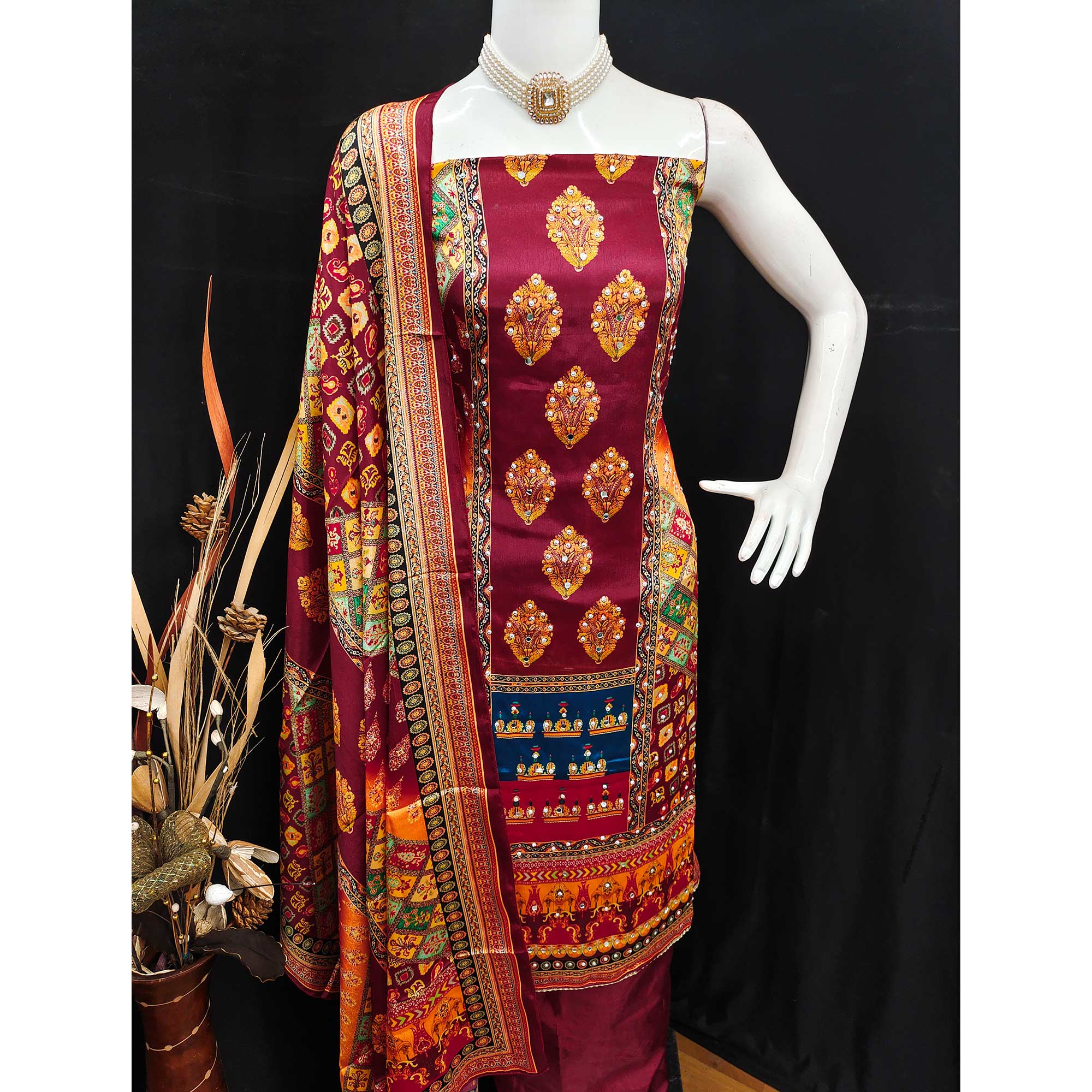 Maroon Chinon Dress Material With Reflective Mirror Work & Floral Prints - Image 5