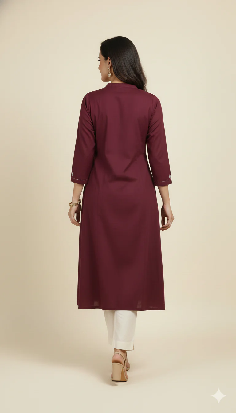 Maroon Comfortable Pure Cotton A-Line Kurti Accented with Artistic Floral Embroidered Patterns - Image 3