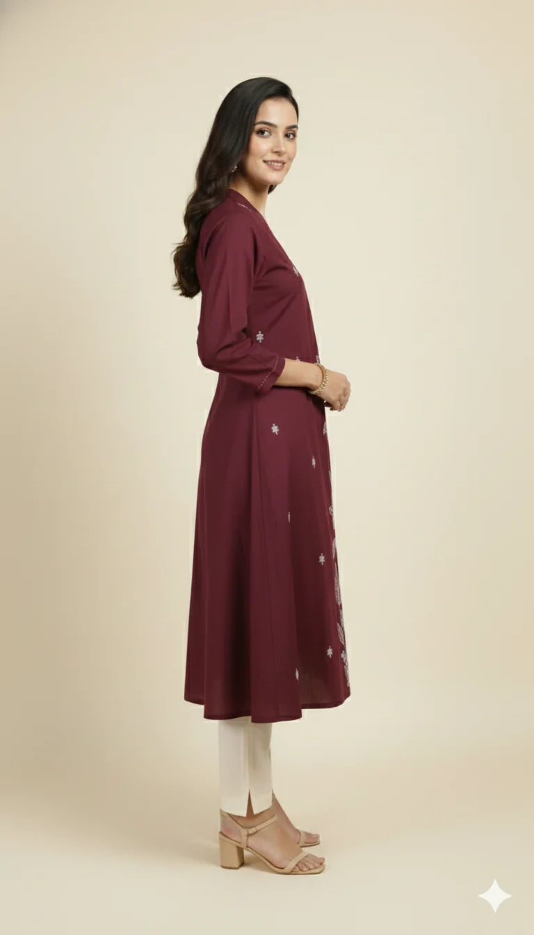 Maroon Comfortable Pure Cotton A-Line Kurti Accented with Artistic Floral Embroidered Patterns - Image 4