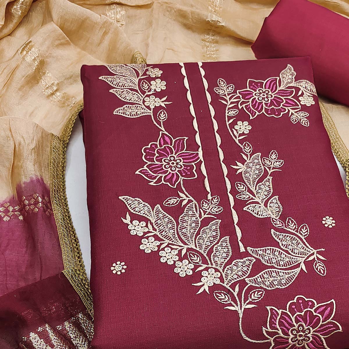 Maroon Cotton Blend Dress Material Adorned With Elegant Floral Embroidery & Sequins Detailing - Image 2