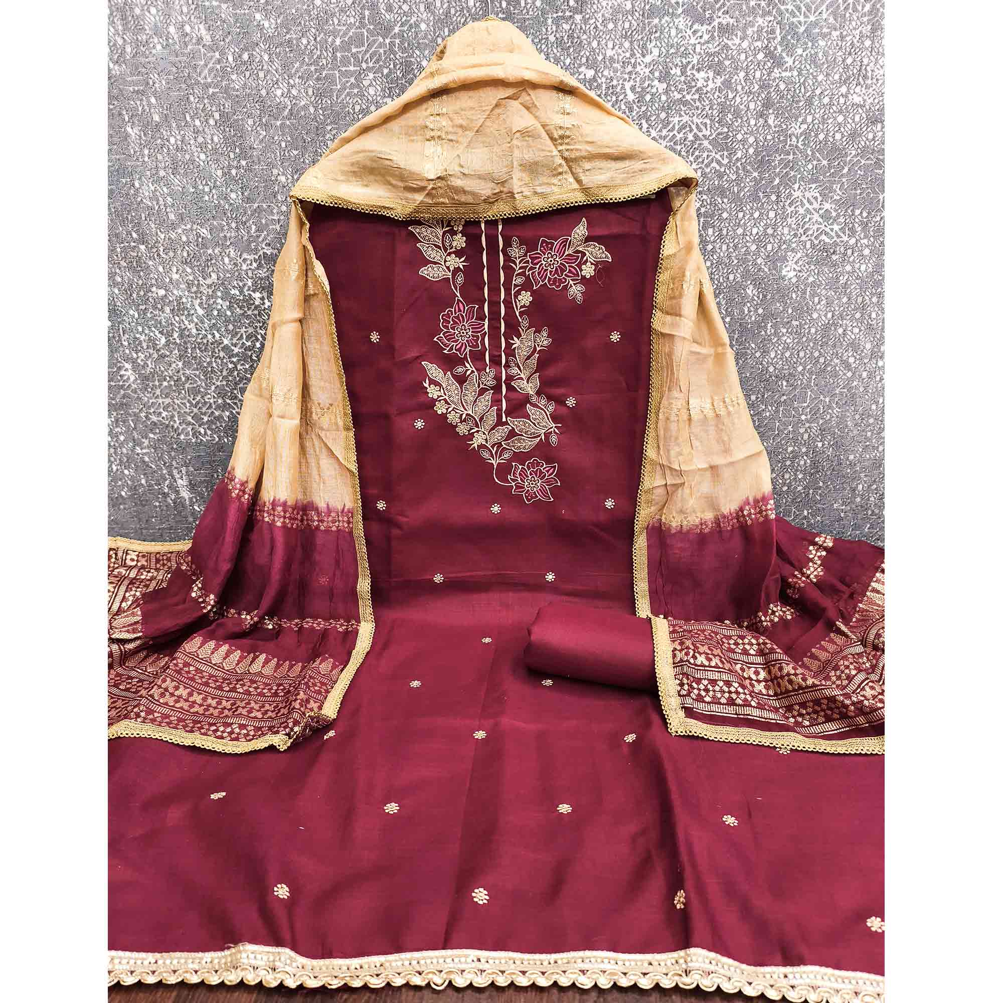 Maroon Cotton Blend Dress Material Adorned With Elegant Floral Embroidery & Sequins Detailing - Image 5