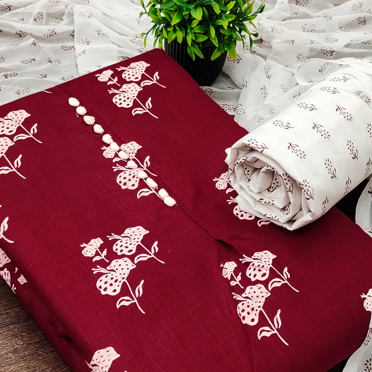 Maroon Cotton Blend Fabric Featuring Subtle and Elegant Floral Prints - Image 2