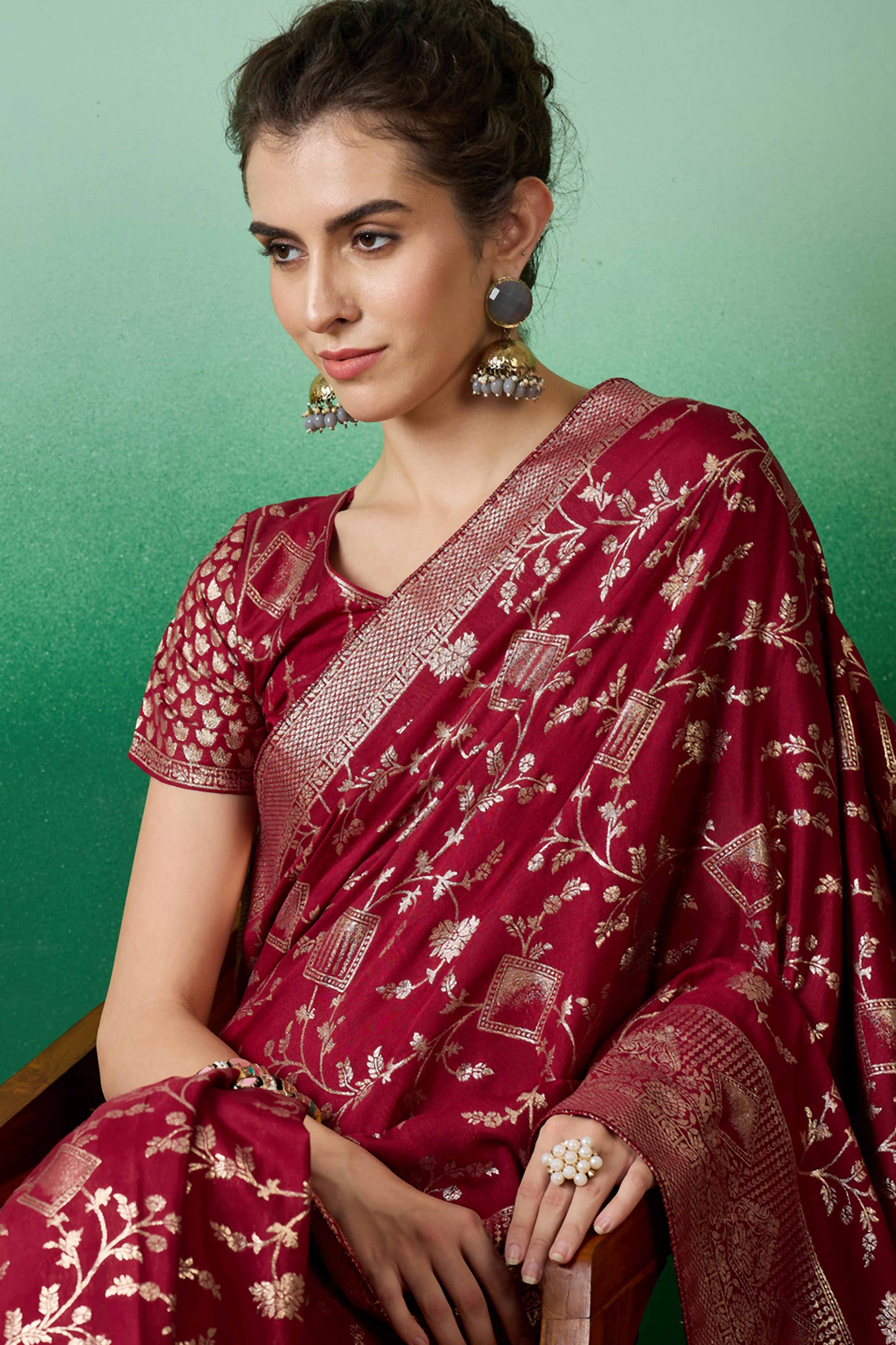 Maroon Cotton Blend Saree With Intricate Floral Zari Weaving & Soft Tassel - Image 6