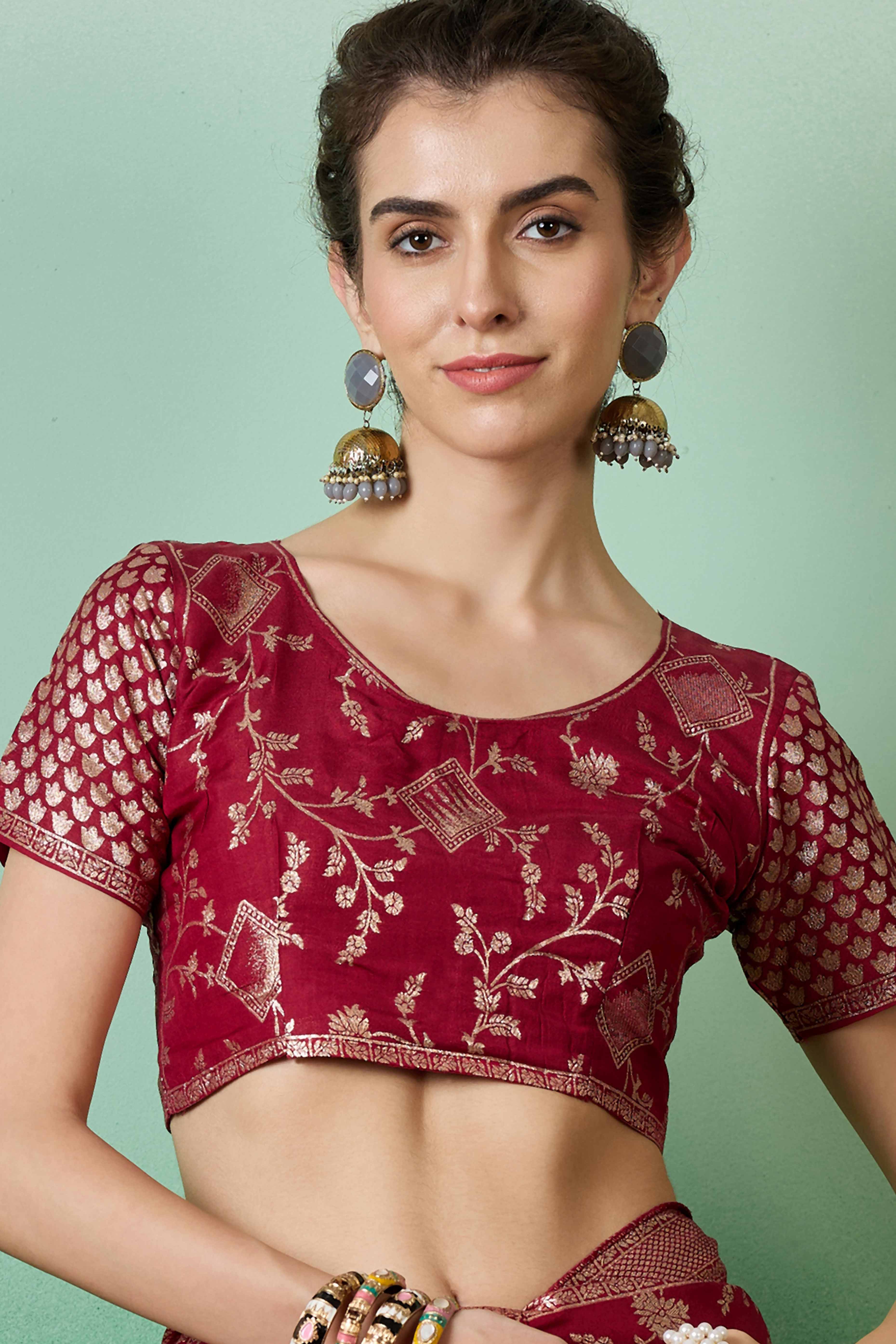 Maroon Cotton Blend Saree With Intricate Floral Zari Weaving & Soft Tassel - Image 7