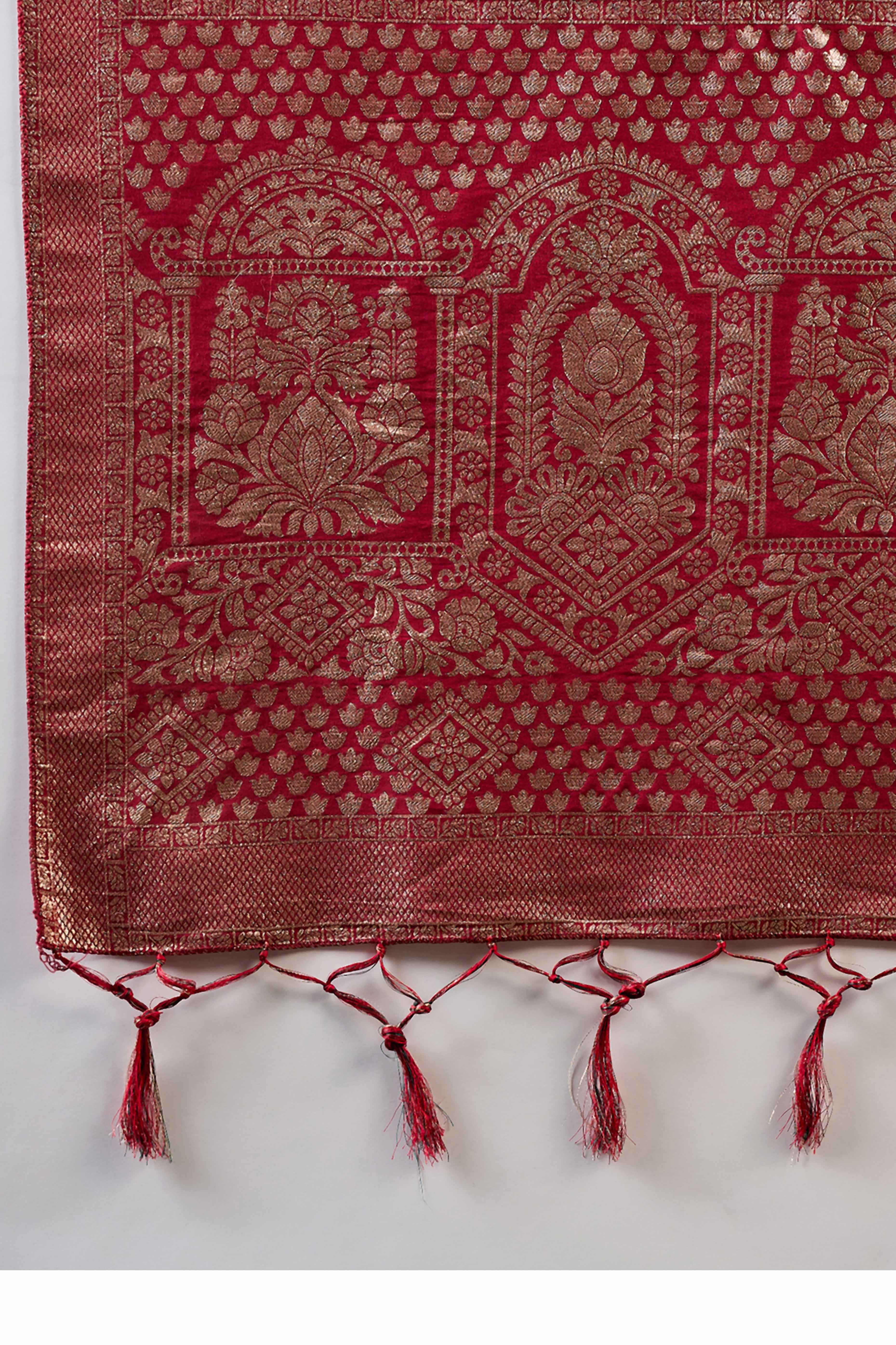 Maroon Cotton Blend Saree With Intricate Floral Zari Weaving & Soft Tassel - Image 8