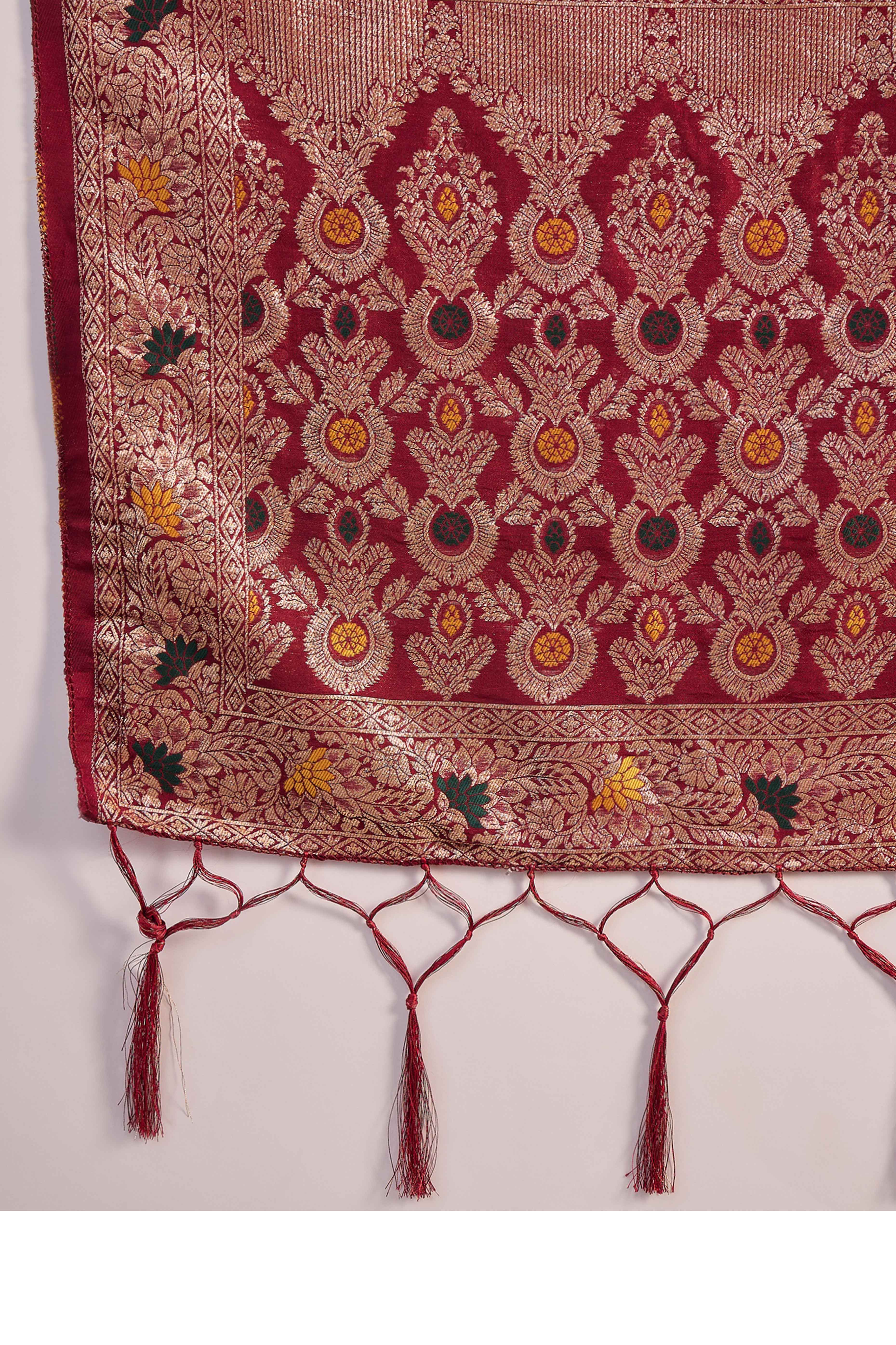 Maroon Cotton Meena jacquard Saree Featuring Intricate Floral Weaving & Tassels On The Pallu - Image 7