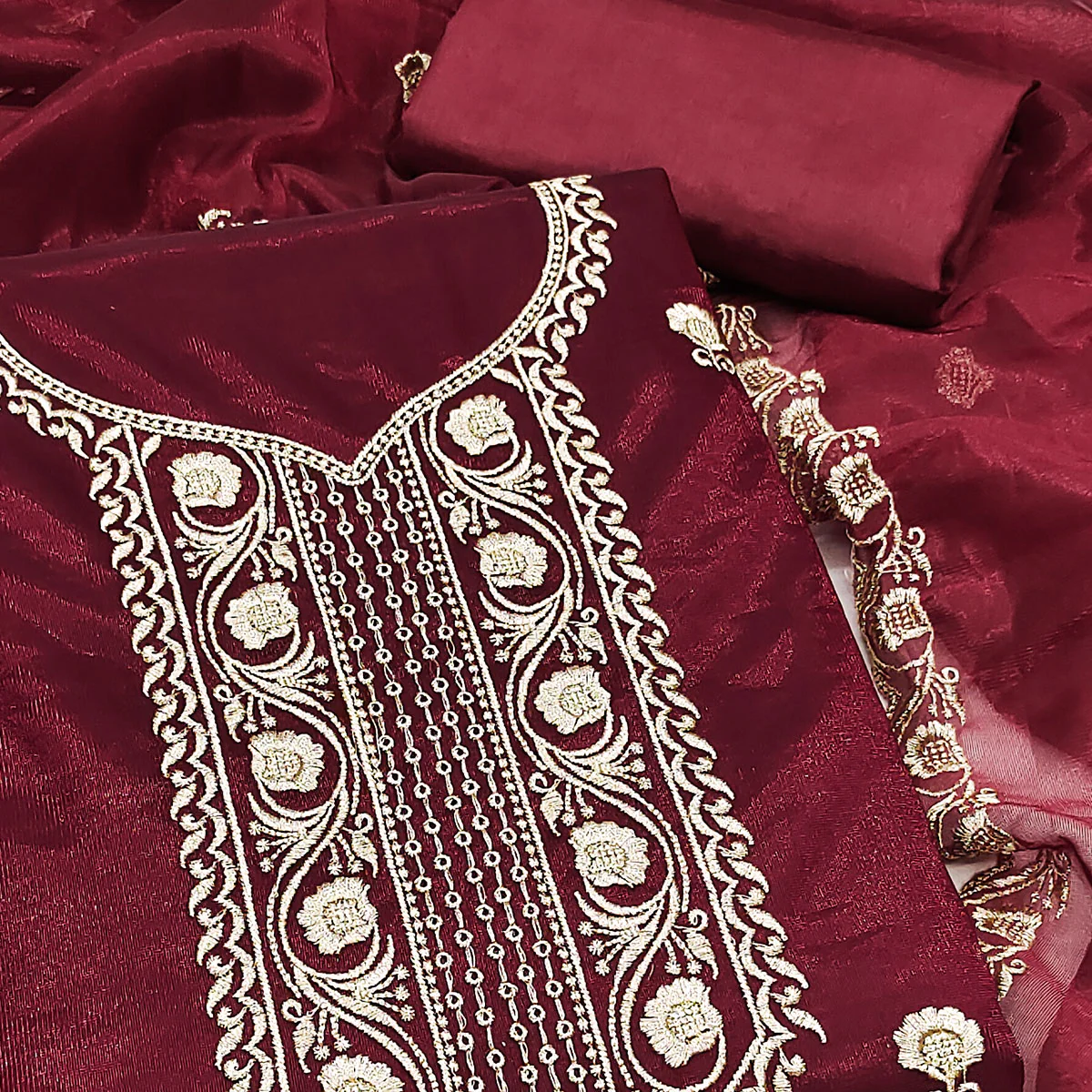 Maroon Delight Floral  Embroidered Twill Net Dress Material - Image 2
