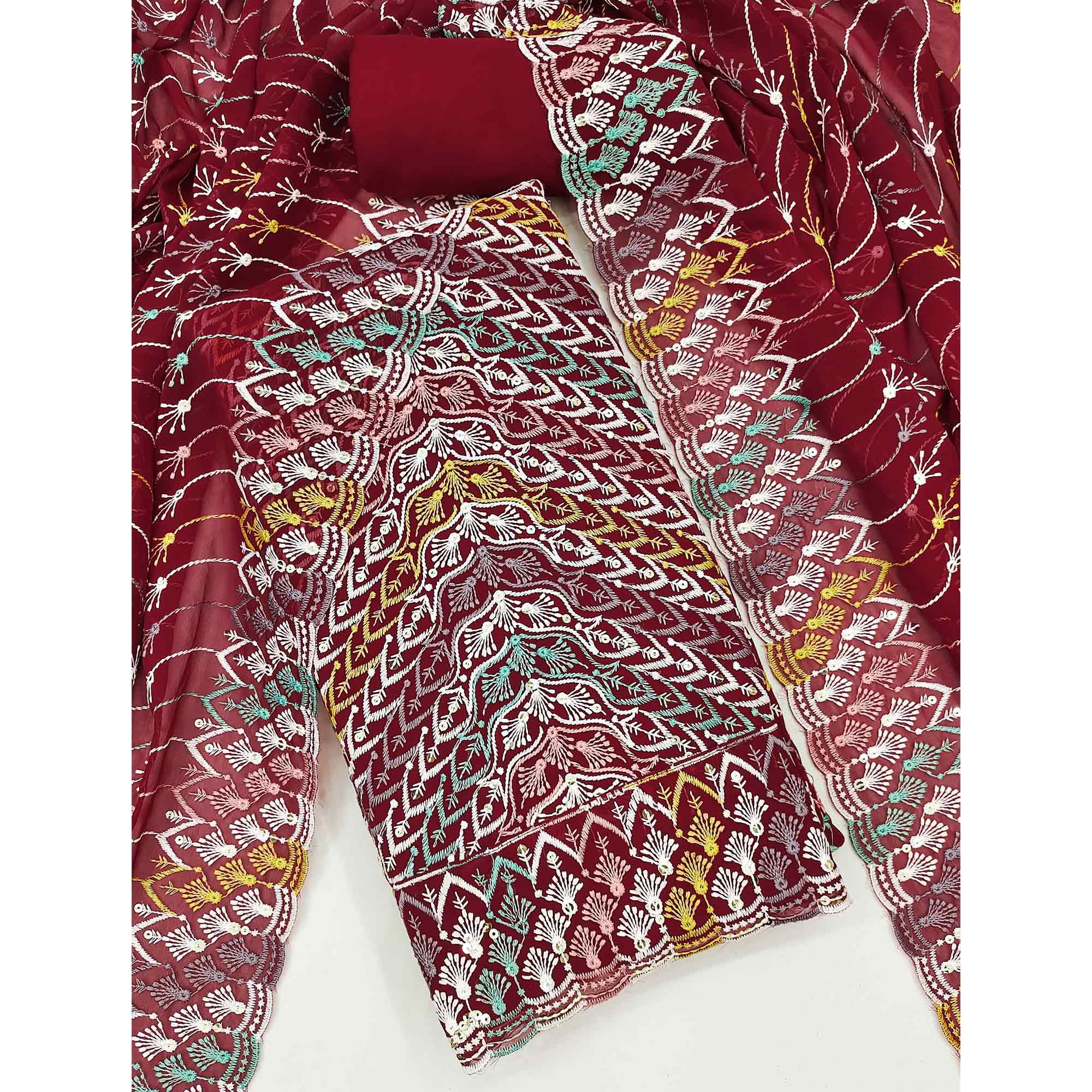 Maroon Dress Material In Rich Jacquard With Intricate Heavy Embroidery - Image 3