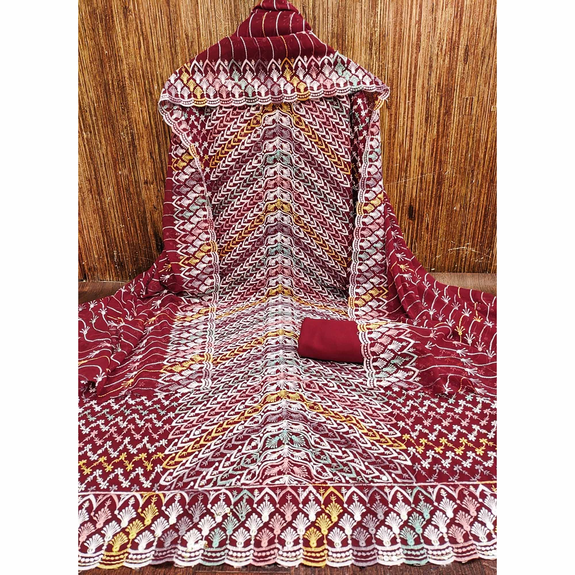 Maroon Dress Material In Rich Jacquard With Intricate Heavy Embroidery - Image 4