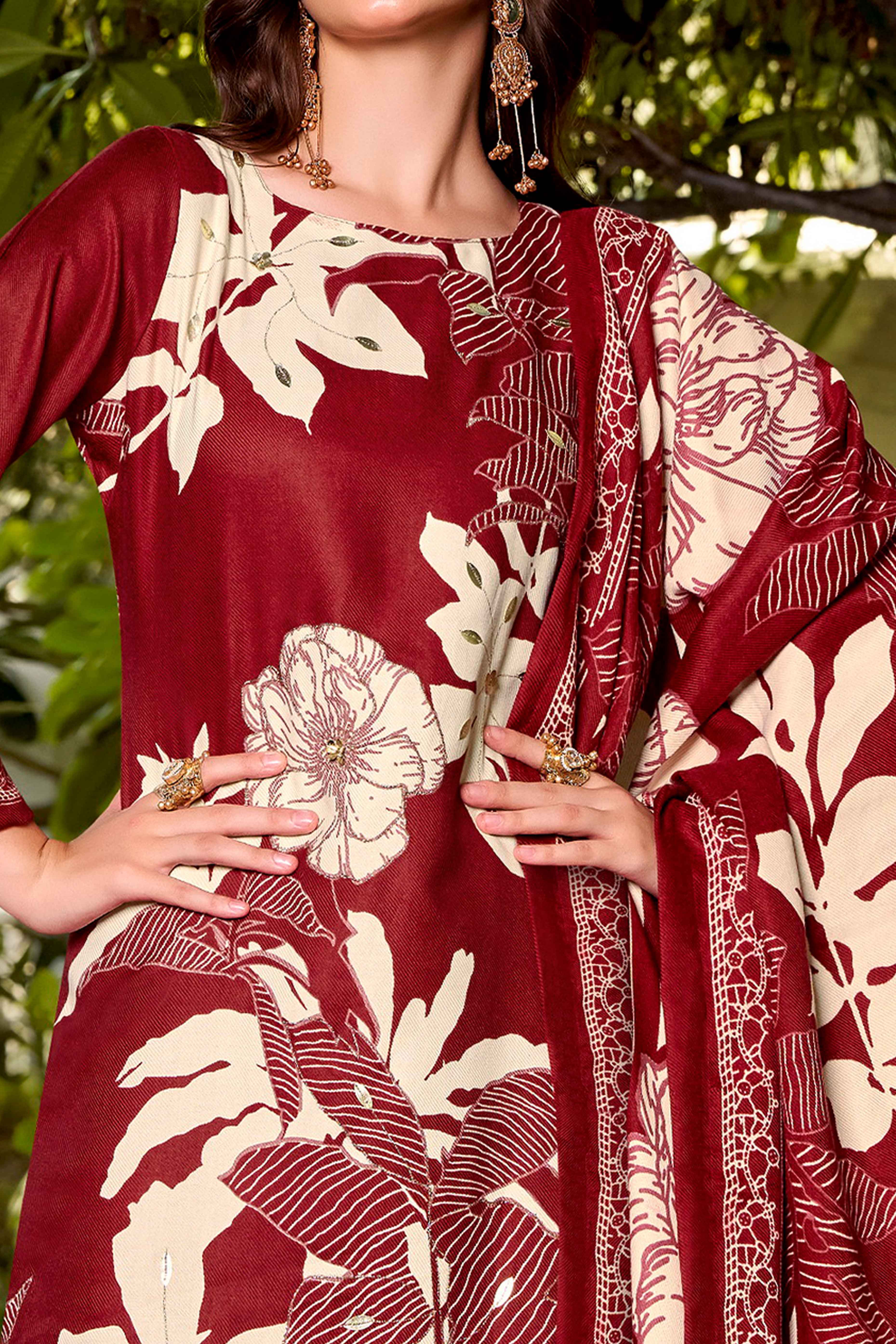 Maroon Elegant Floral Printed Pure Pashmina Dress Material for Winter Wear - Image 2