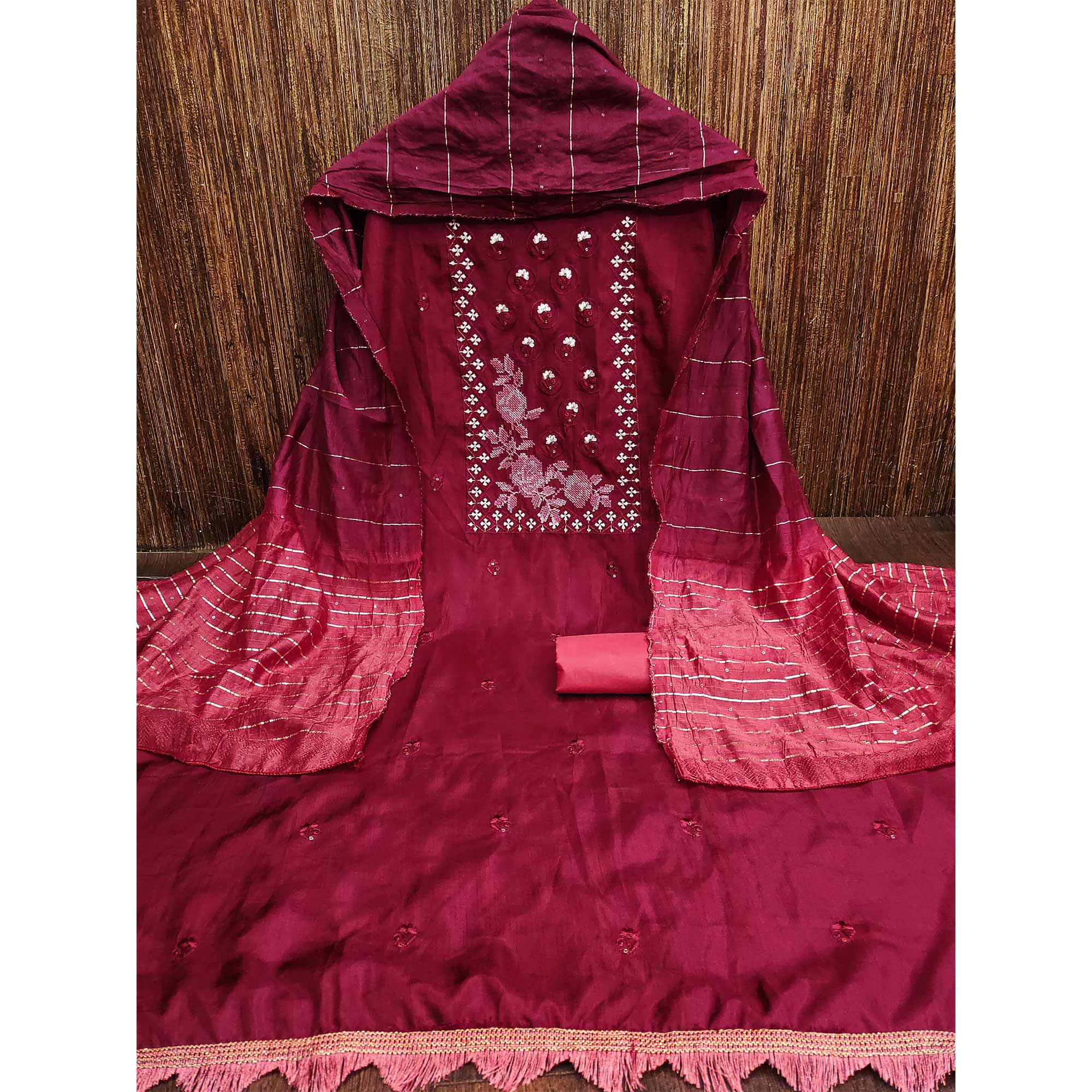 Maroon Embroidered Art Silk Dress Material - Image 3