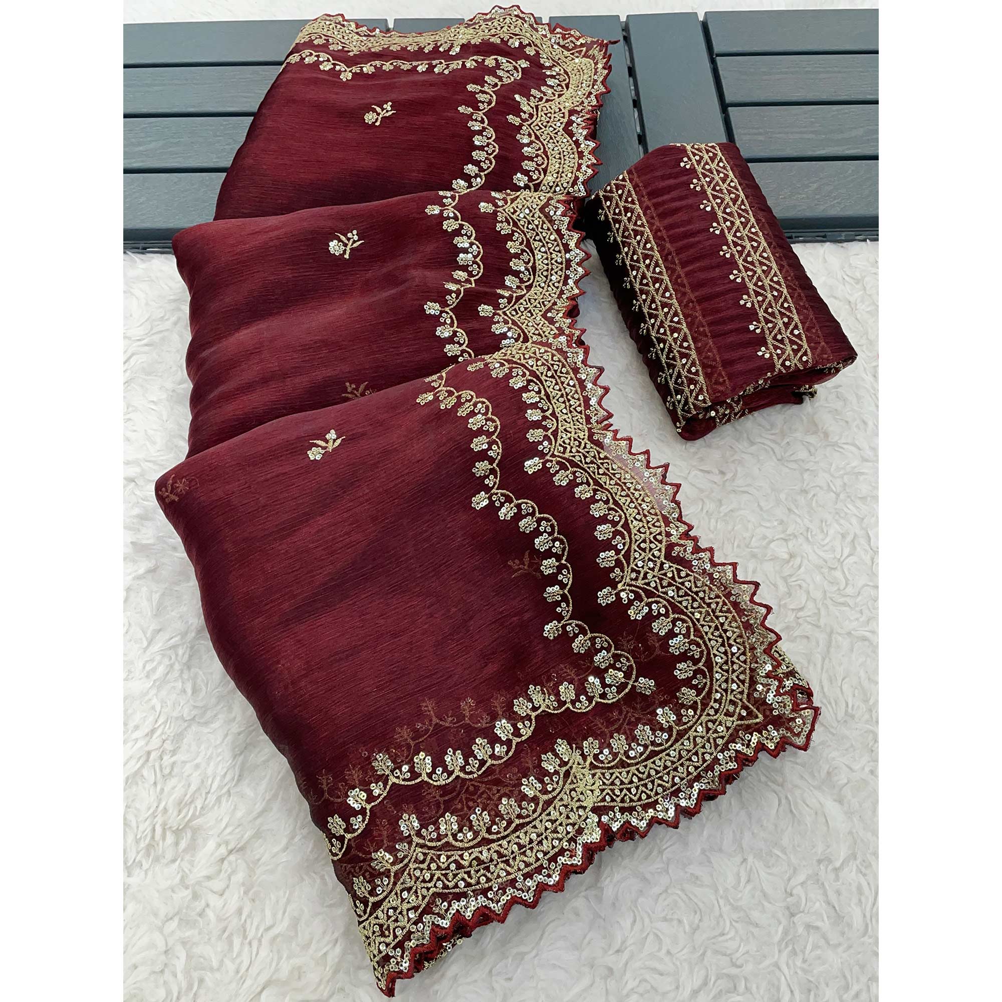 Maroon Embroidered Chiffon Saree - Image 3
