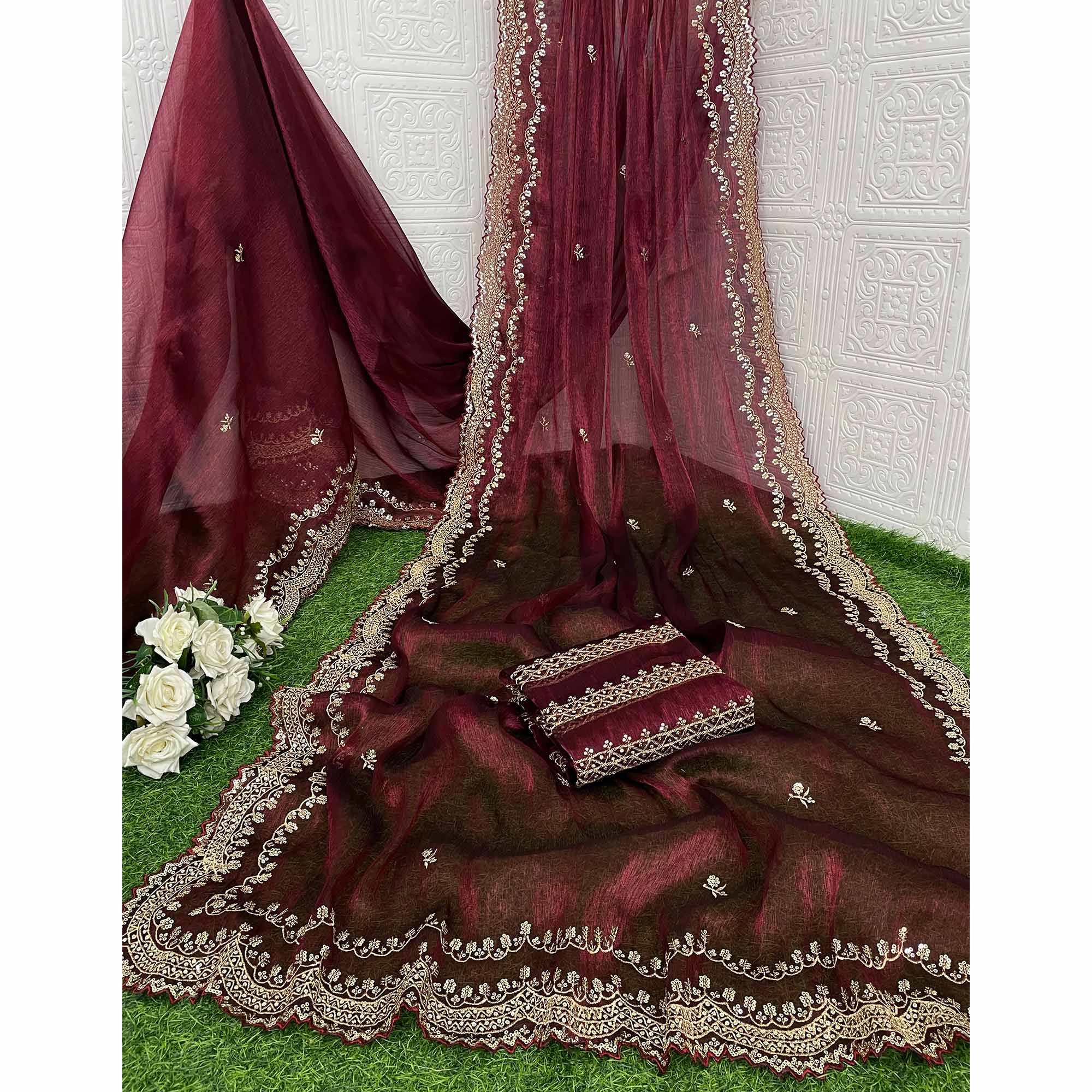 Maroon Embroidered Chiffon Saree - Image 4