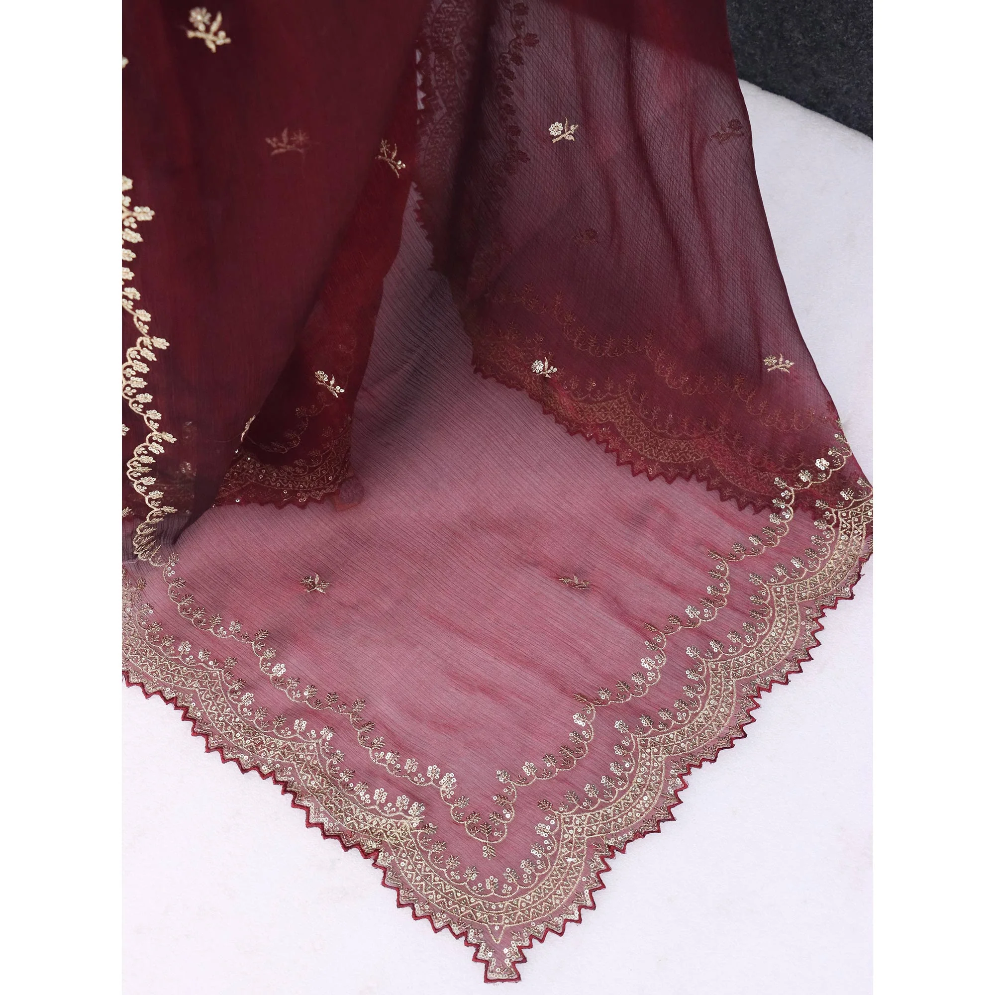 Maroon Embroidered Chiffon Saree - Image 5