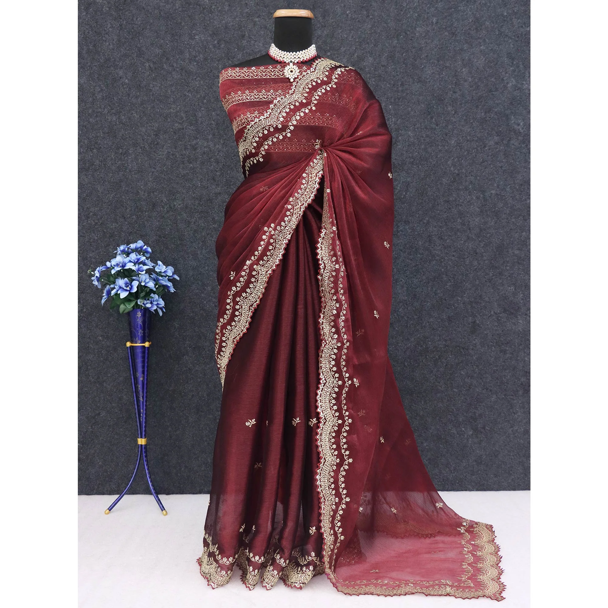 Maroon Embroidered Chiffon Saree - Image 6