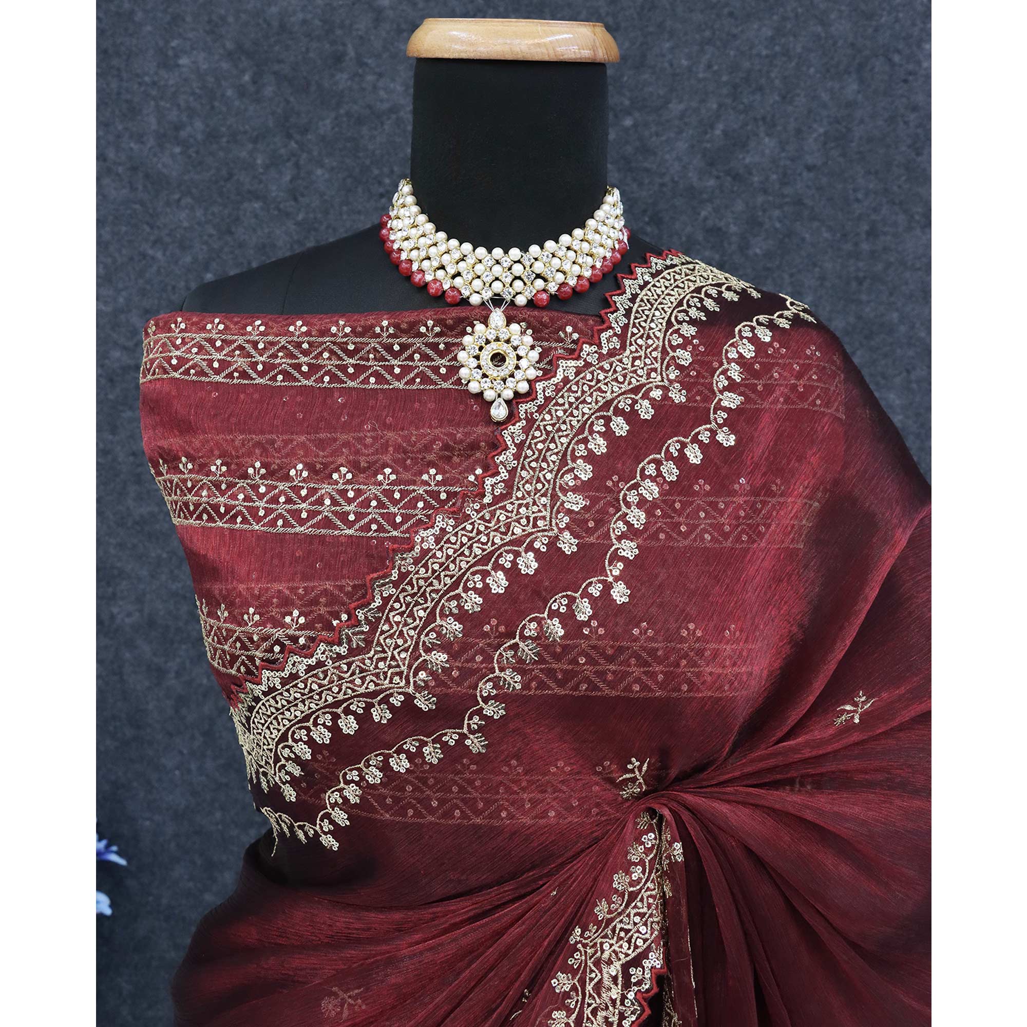 Maroon Embroidered Chiffon Saree - Image 7