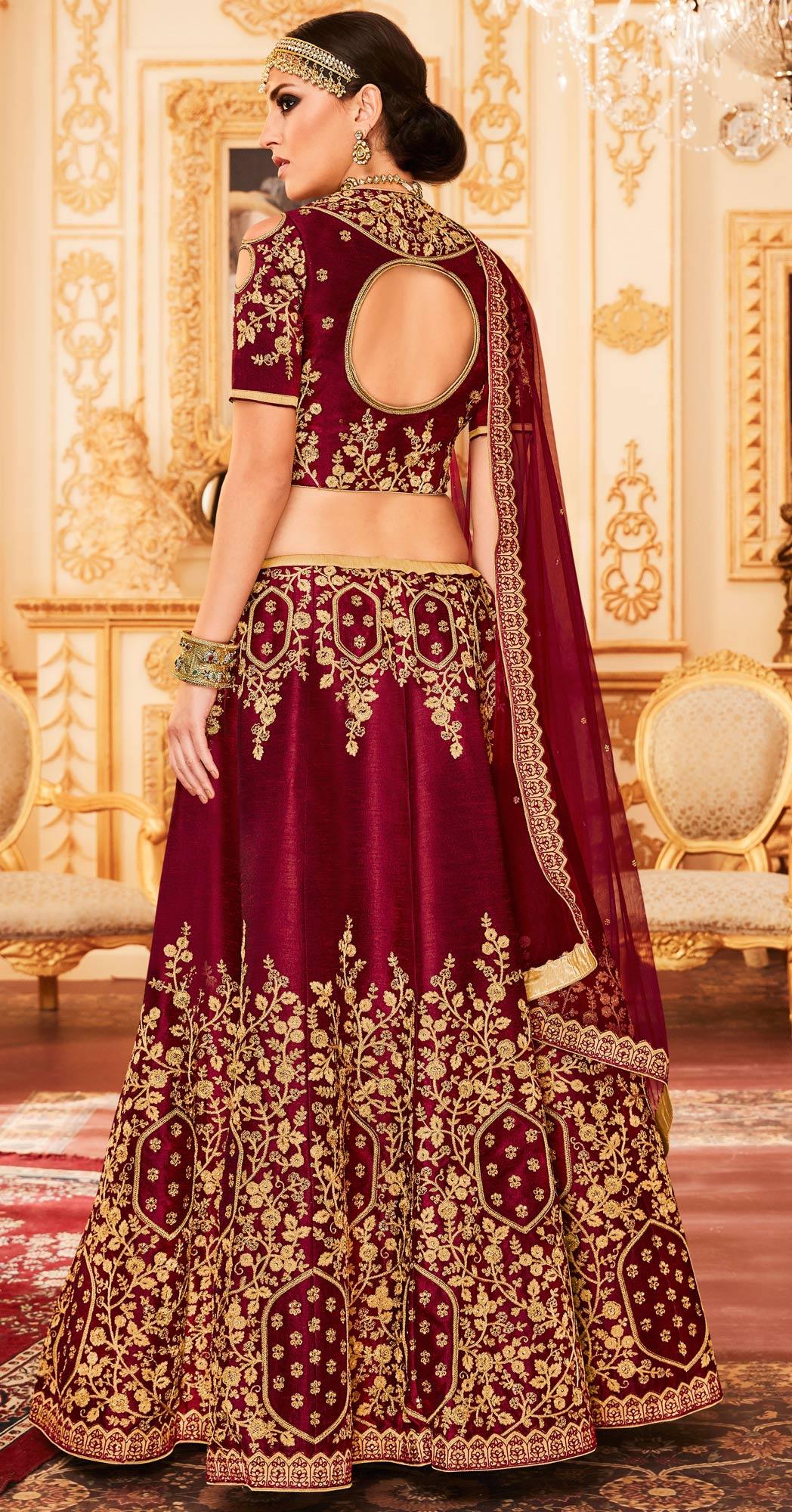 Maroon Embroidered Raw Silk Lehenga Choli - Image 3