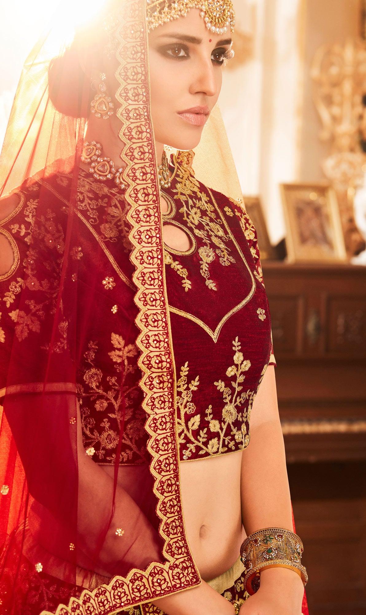 Maroon Embroidered Raw Silk Lehenga Choli - Image 4