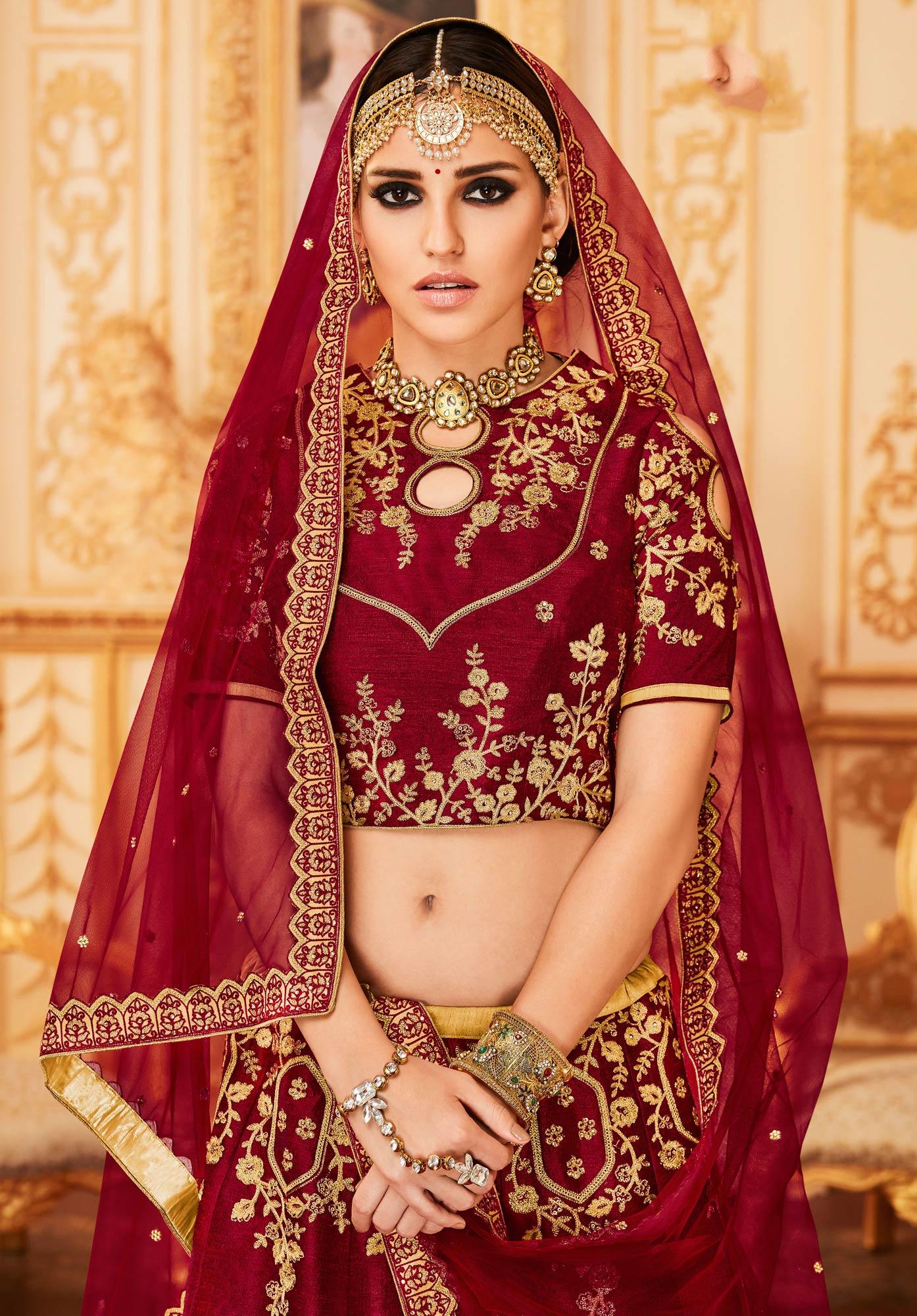 Maroon Embroidered Raw Silk Lehenga Choli - Image 5