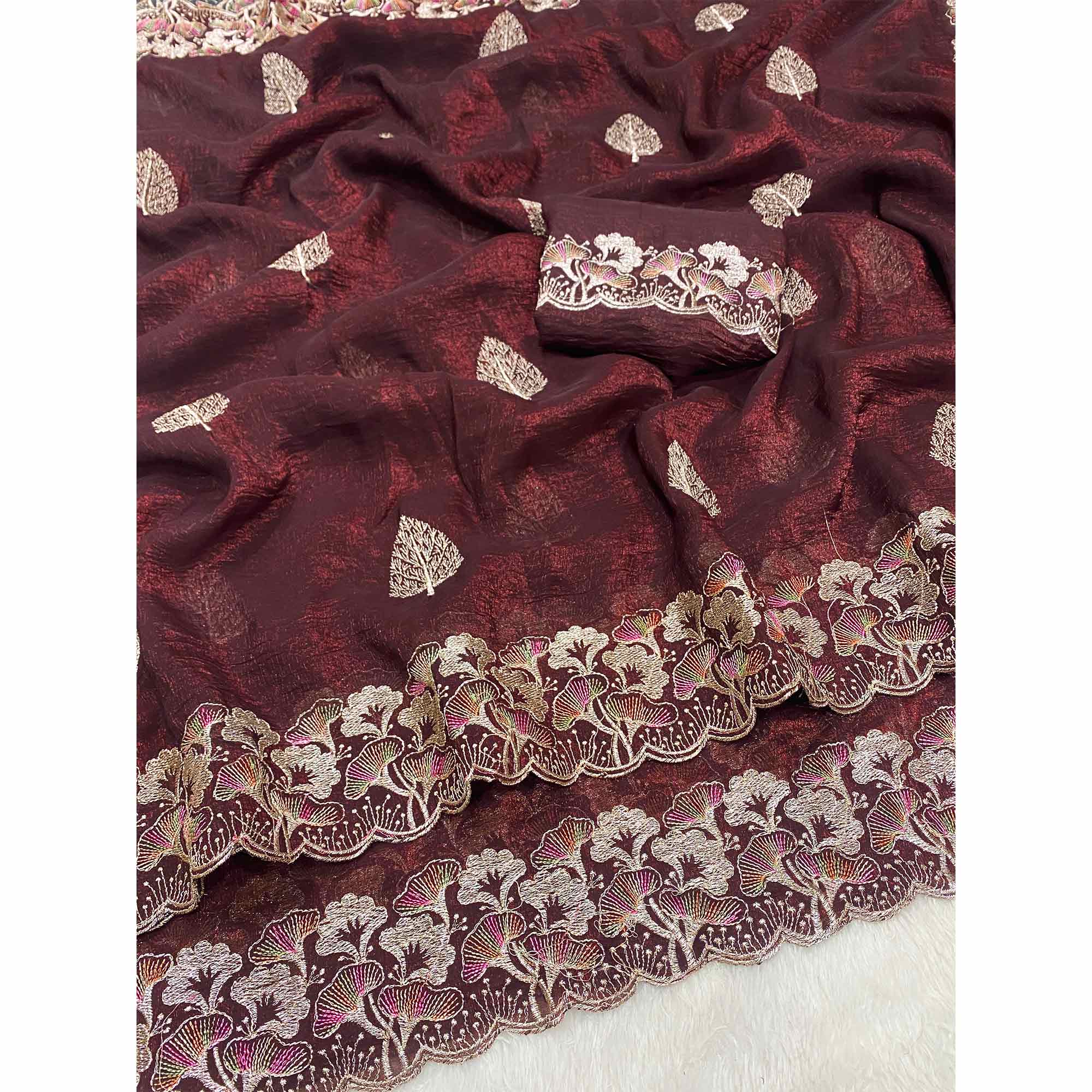 Maroon Embroidered Thread Work Saree in Flowy Chiffon Silk - Image 3