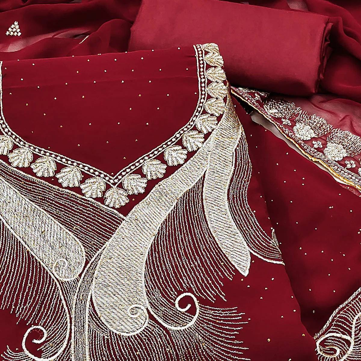 Maroon Embroidered With Swarovski Work Georgette Dress Material - Image 2