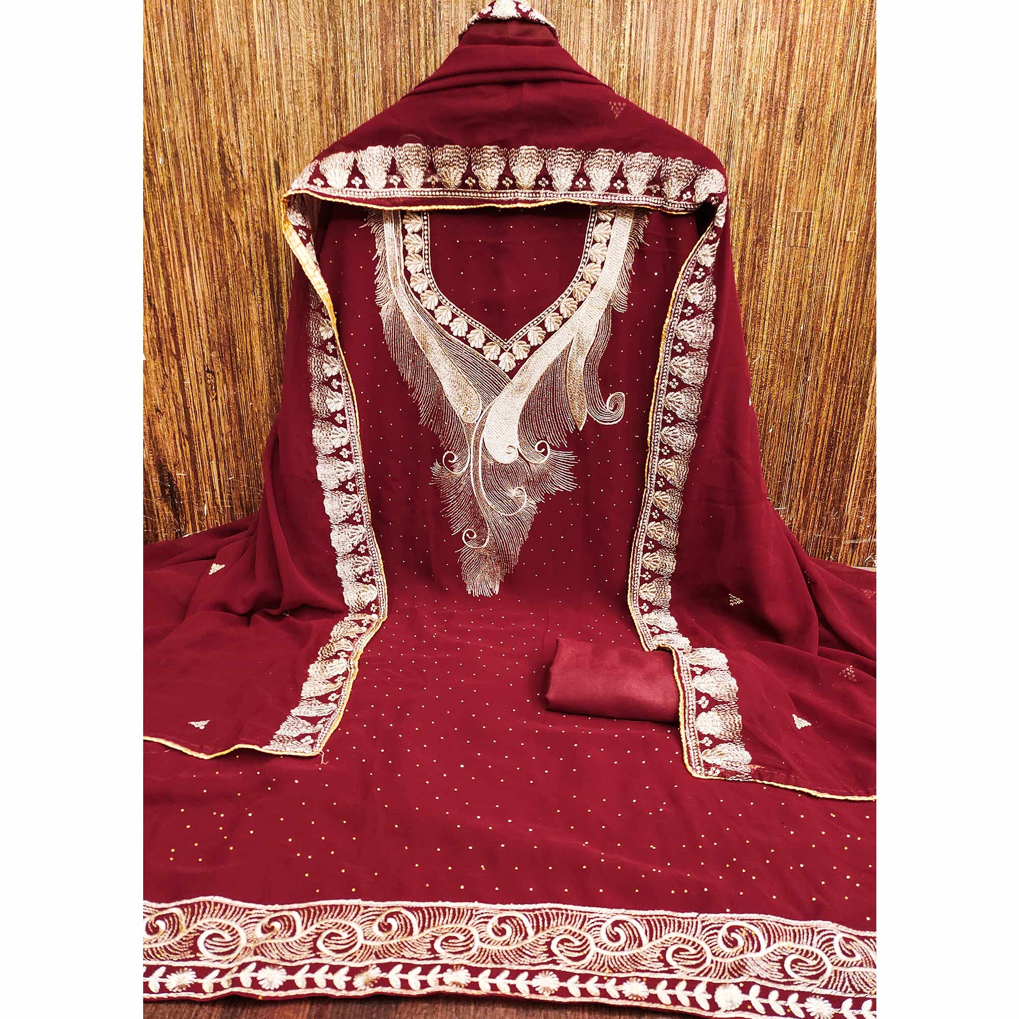 Maroon Embroidered With Swarovski Work Georgette Dress Material - Image 3