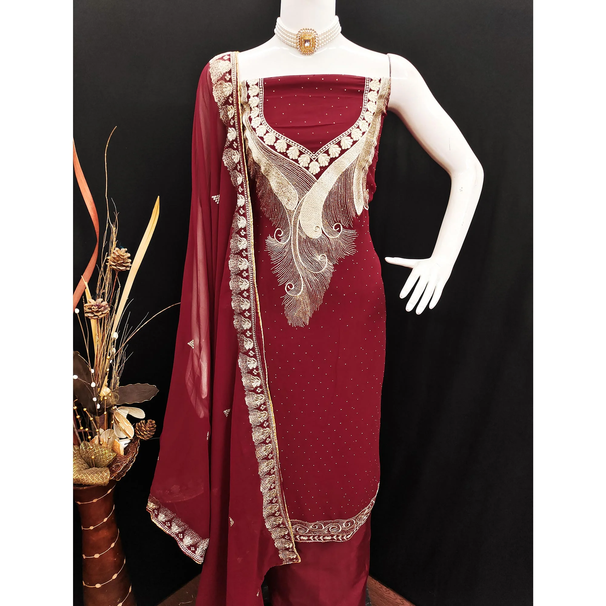 Maroon Embroidered With Swarovski Work Georgette Dress Material - Image 4