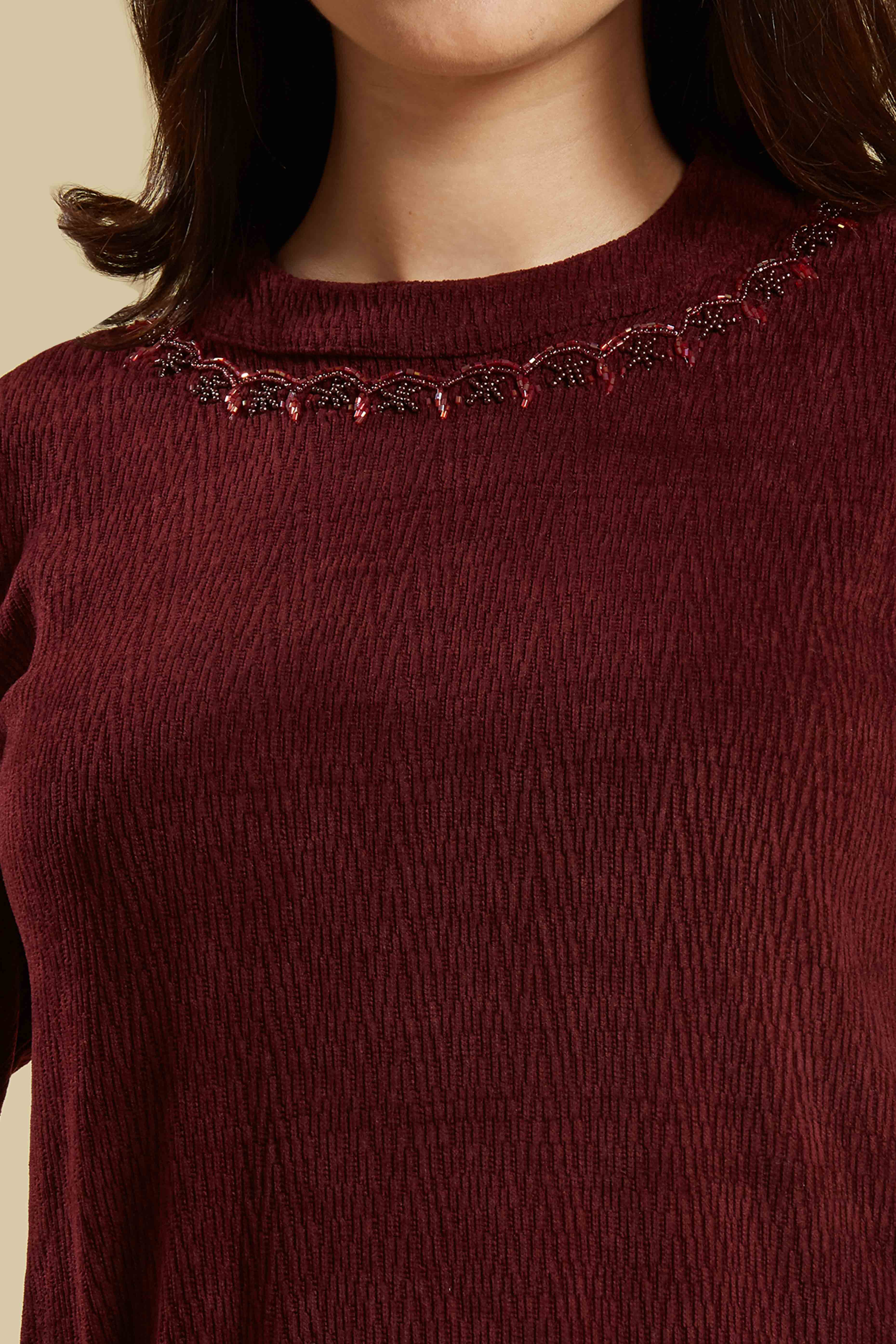 Maroon Woven Woolen A-Line Top Bottom Set - Image 2