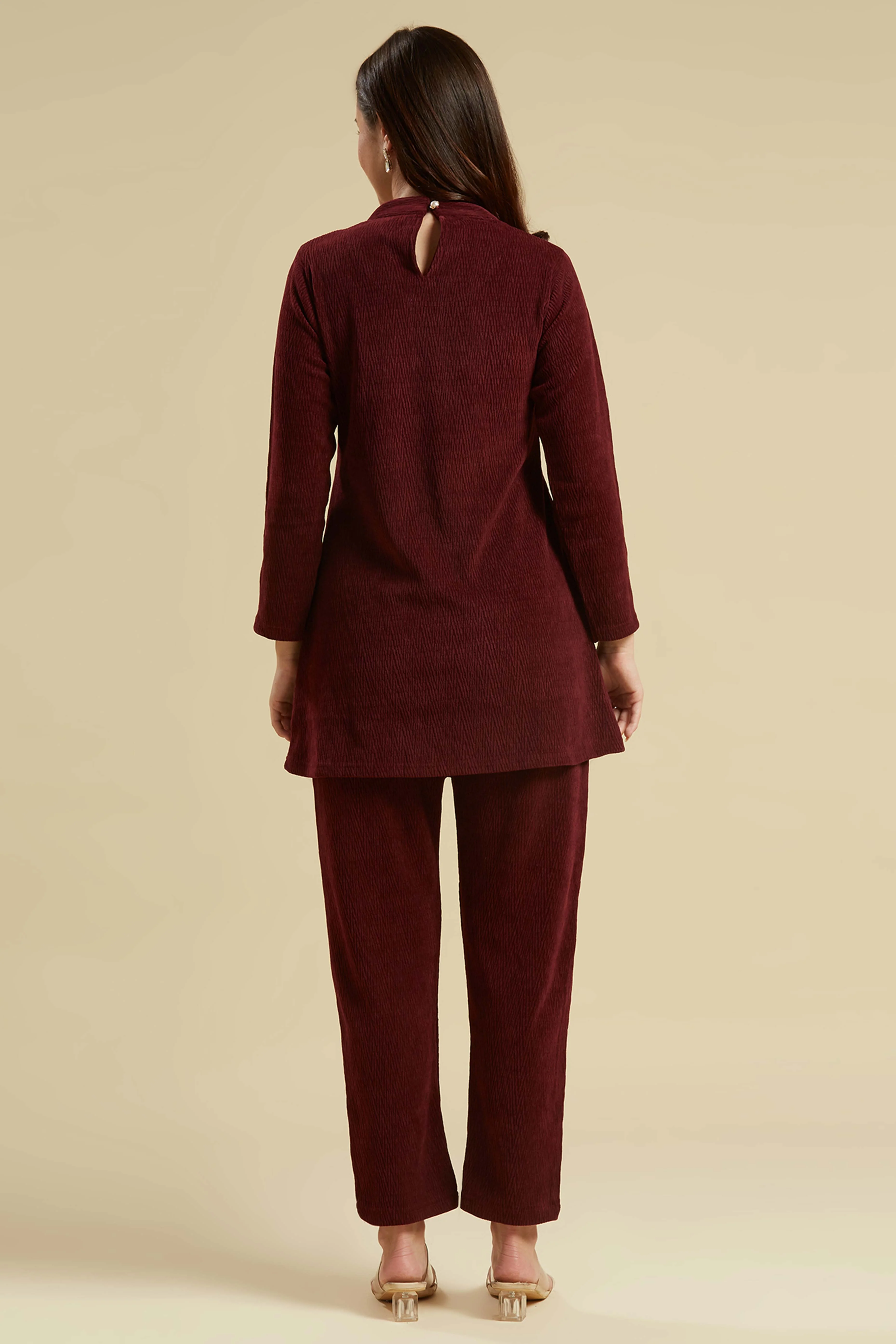 Maroon Woven Woolen A-Line Top Bottom Set - Image 3