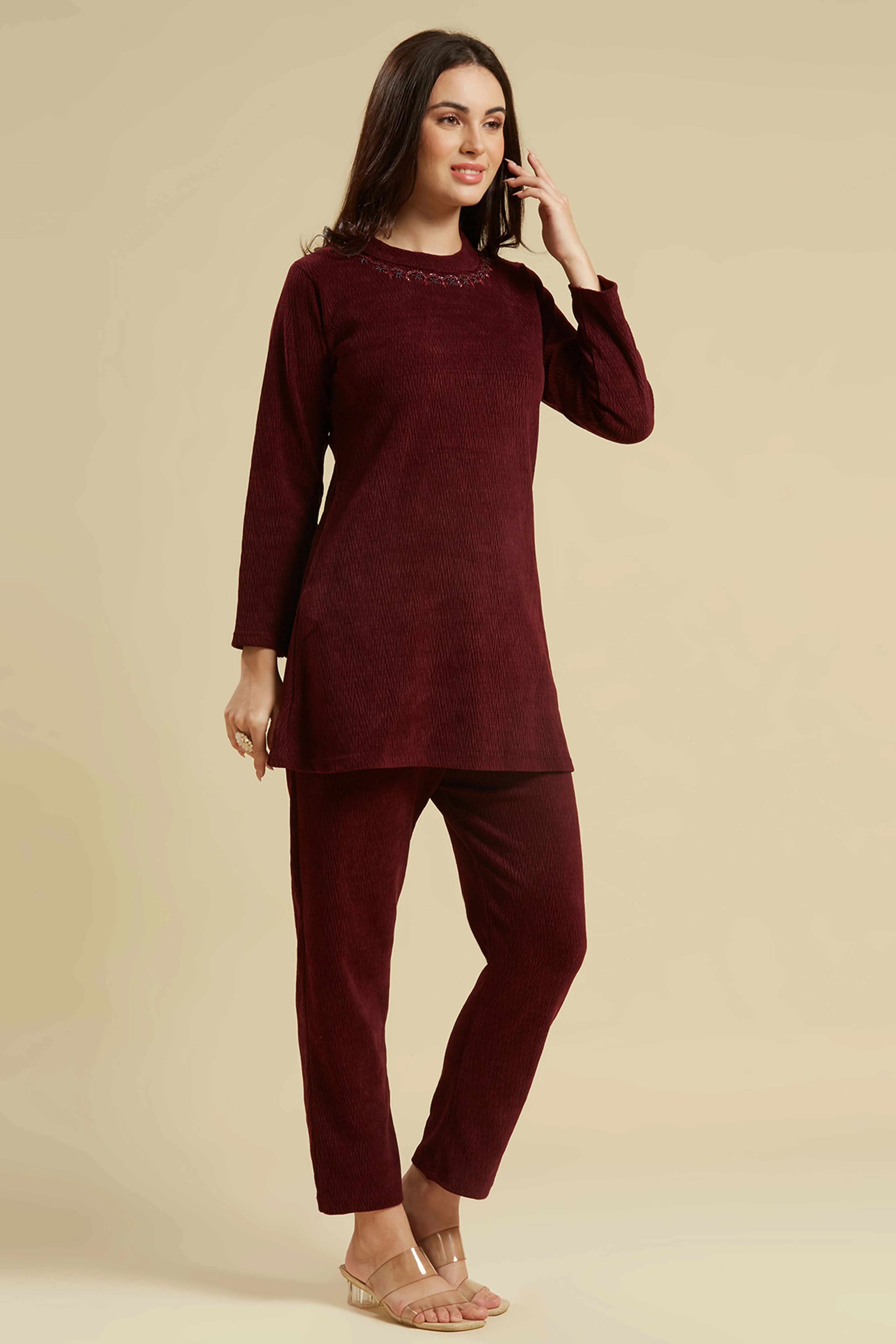 Maroon Woven Woolen A-Line Top Bottom Set - Image 4