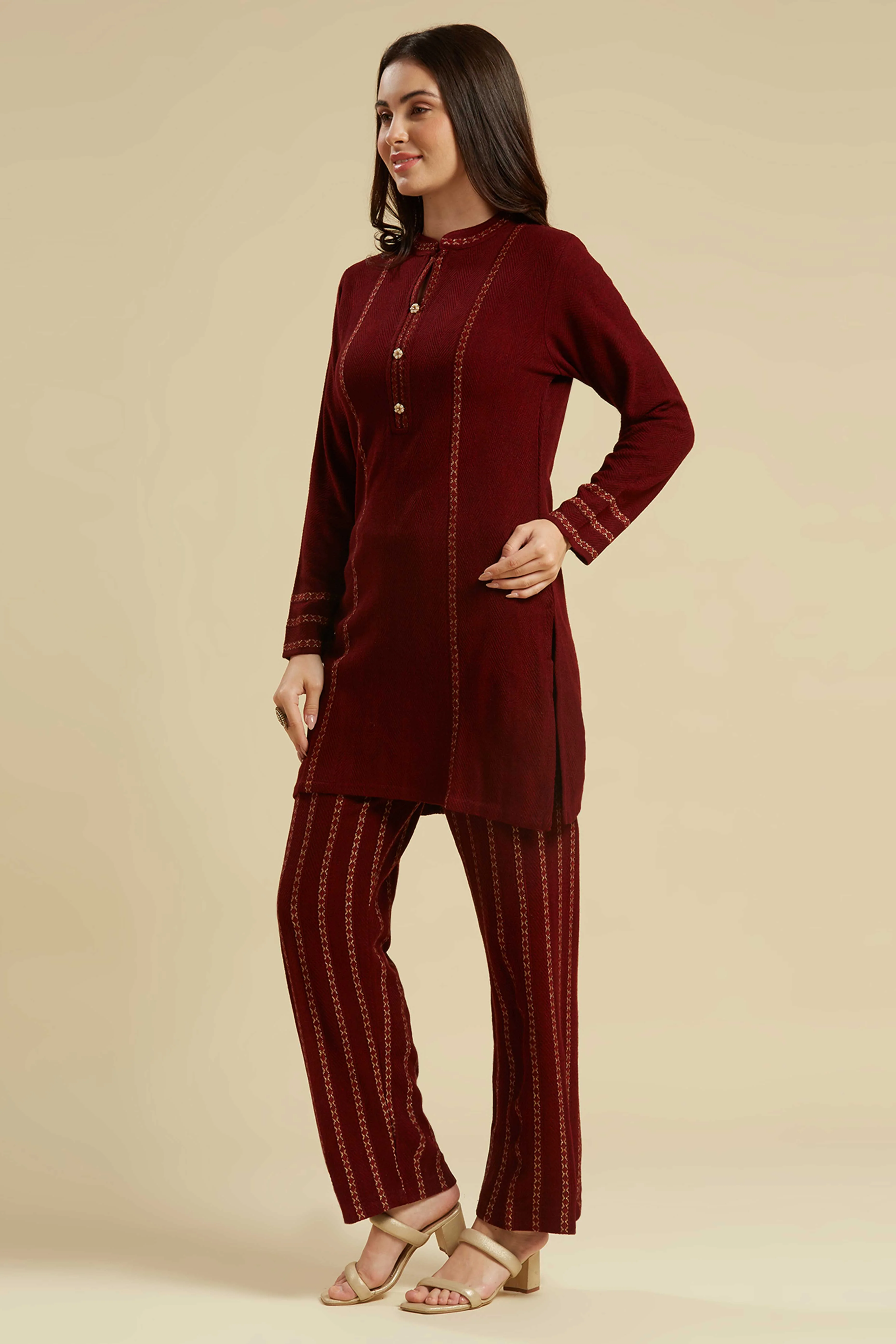 Maroon Woven Woolen Straight Top Bottom Set - Image 5