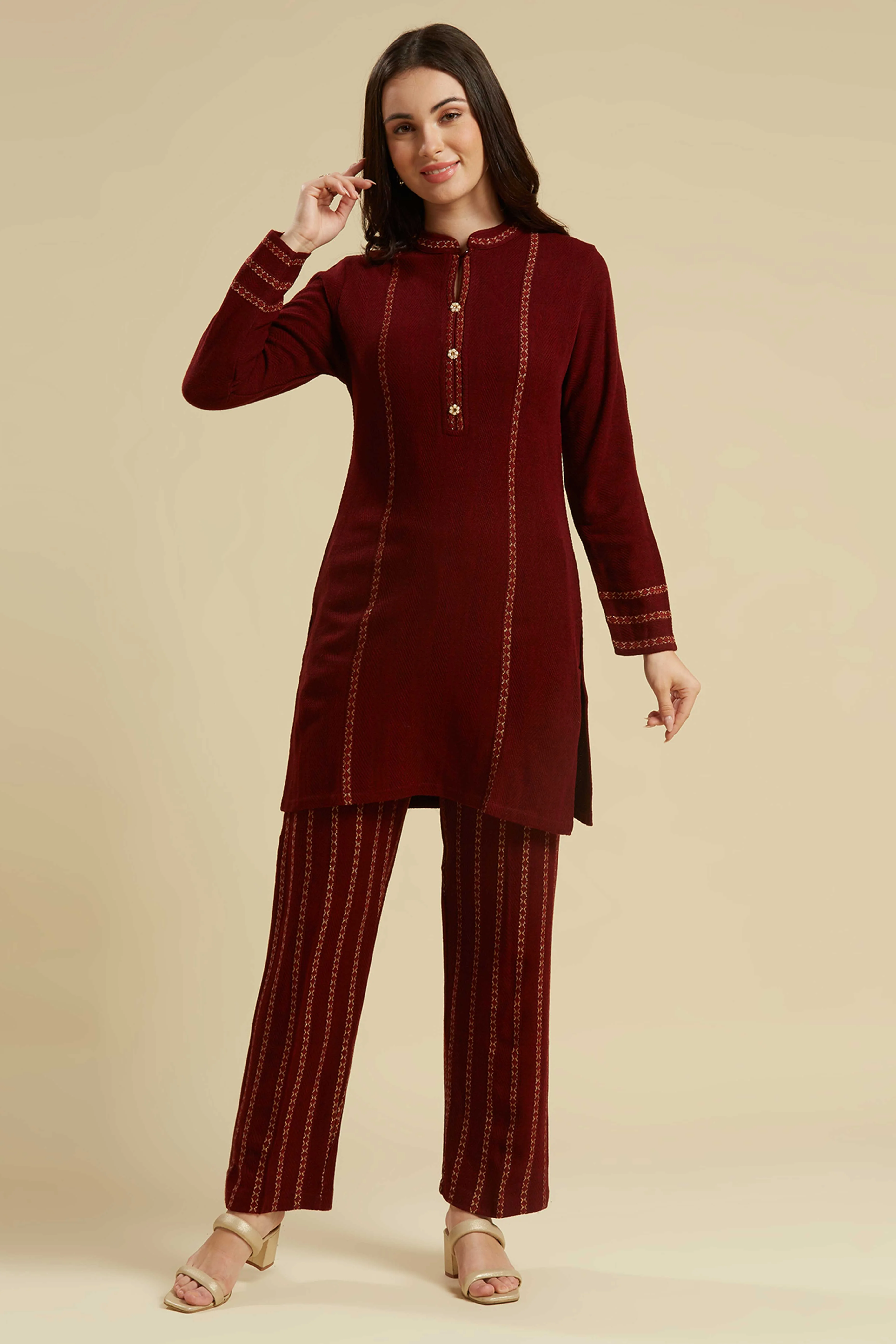 Maroon Woven Woolen Straight Top Bottom Set - Image 6