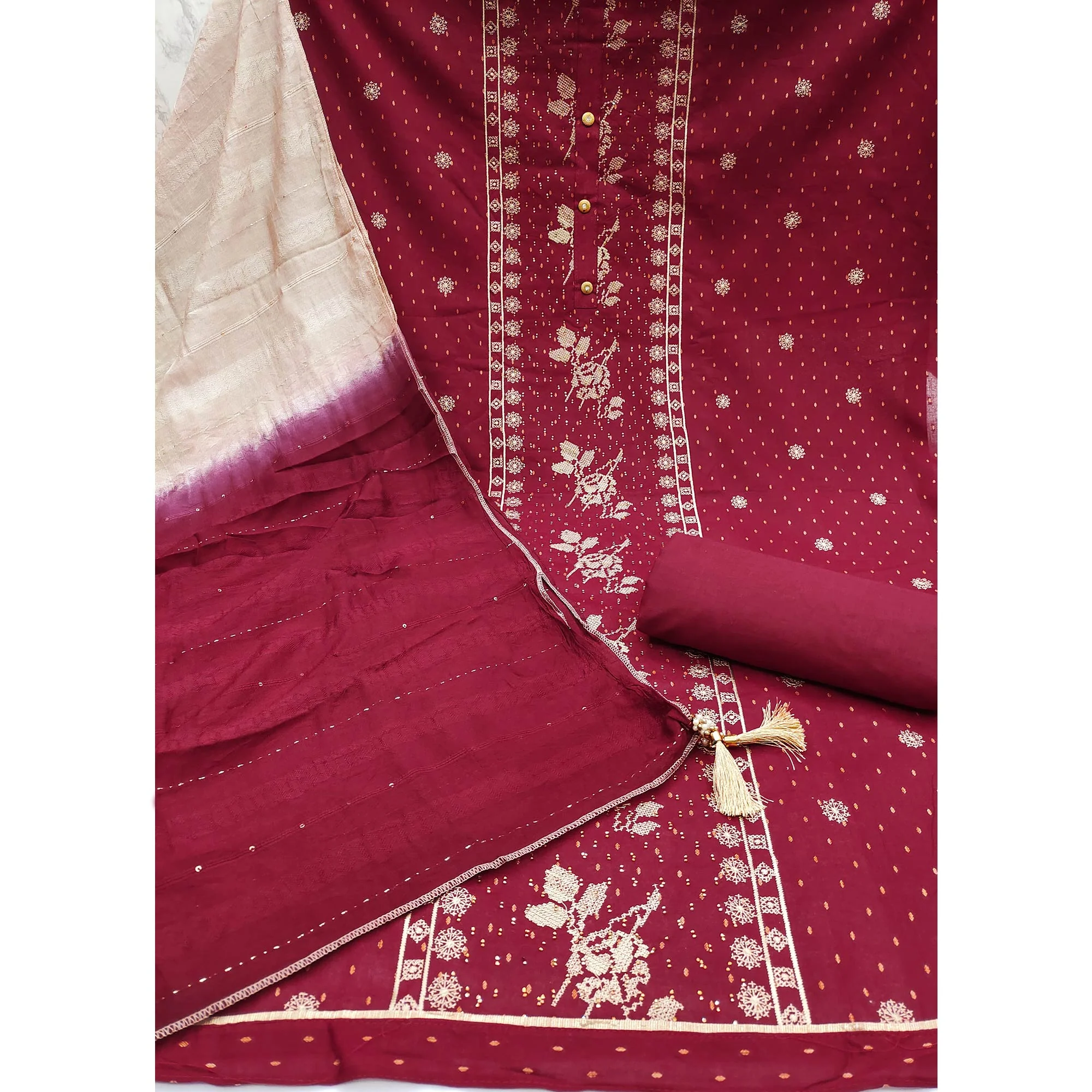Maroon Embroidery With Stonework Cotton Silk Dress Material - Image 3