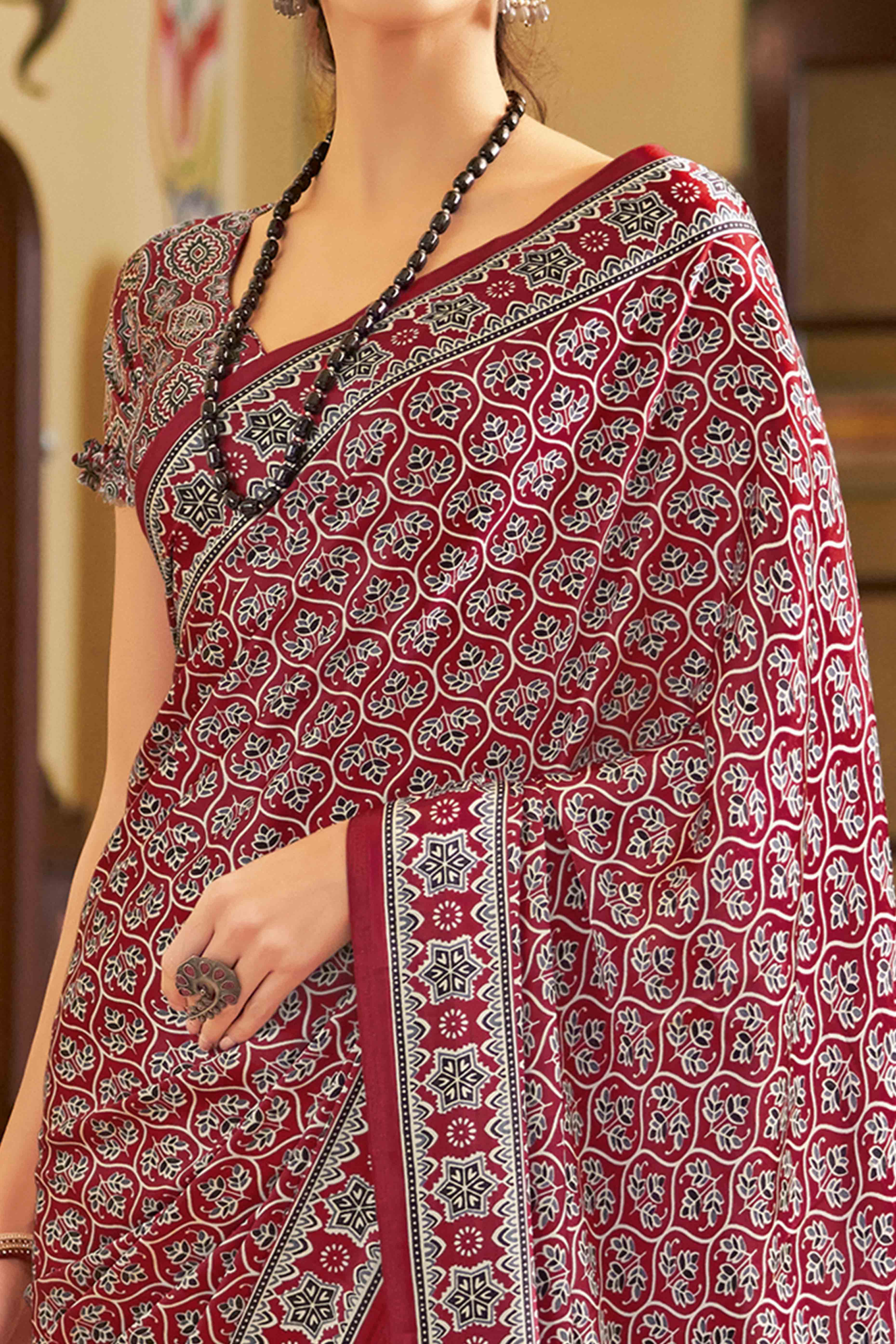 Maroon Floral Ajrakh Printed Satin Saree With Tassels - Image 2
