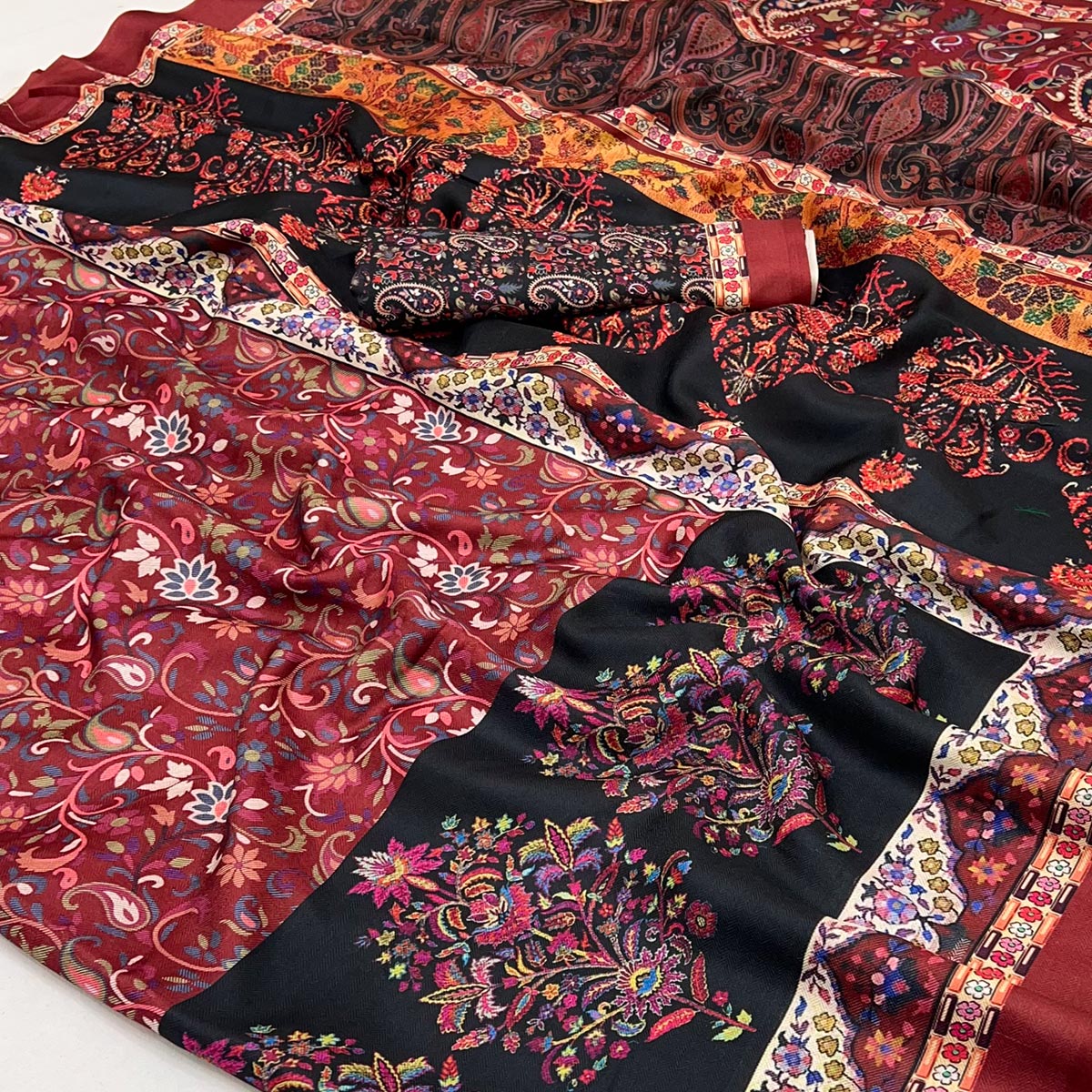 Maroon Floral Digital Printed Pashmina Saree - Image 2