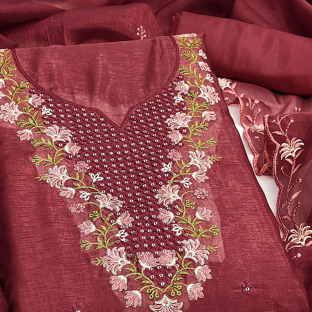 Maroon Floral Embroidered Art Silk Suit Material Ideal for Festive and Celebration Looks - Image 2