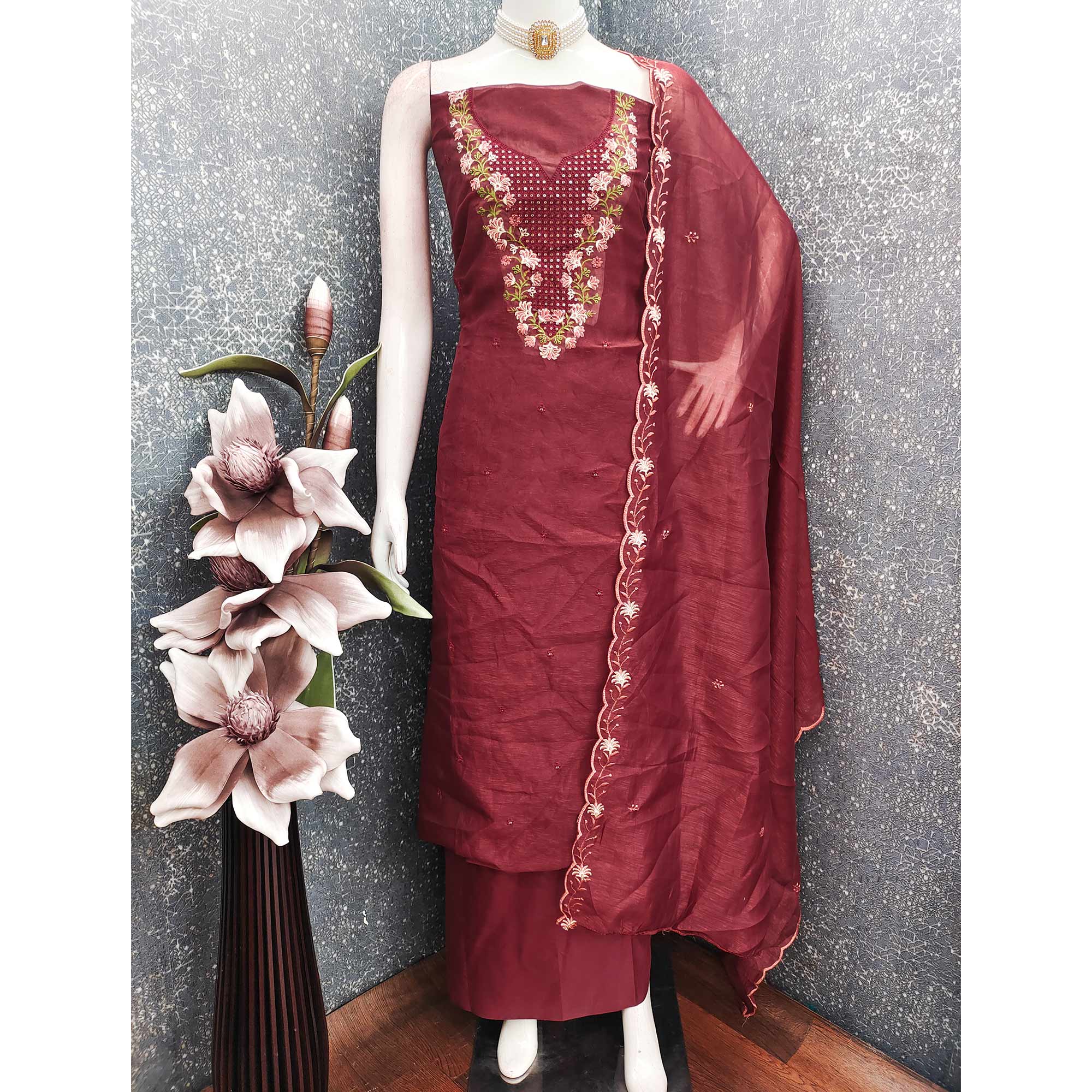 Maroon Floral Embroidered Art Silk Suit Material Ideal for Festive and Celebration Looks - Image 3