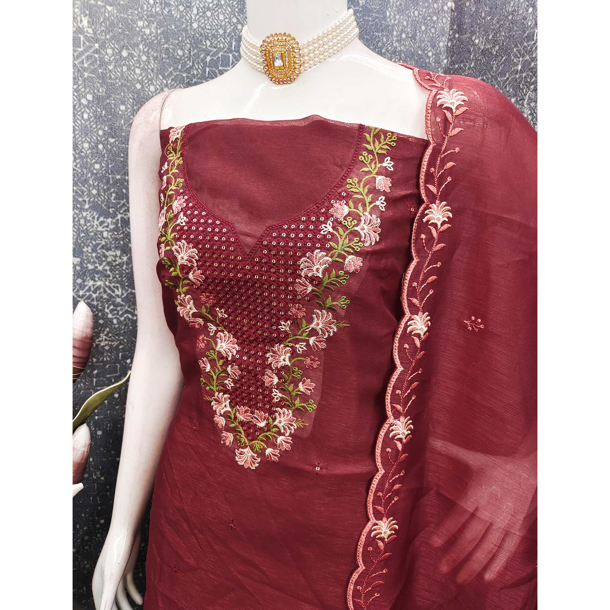 Maroon Floral Embroidered Art Silk Suit Material Ideal for Festive and Celebration Looks - Image 4