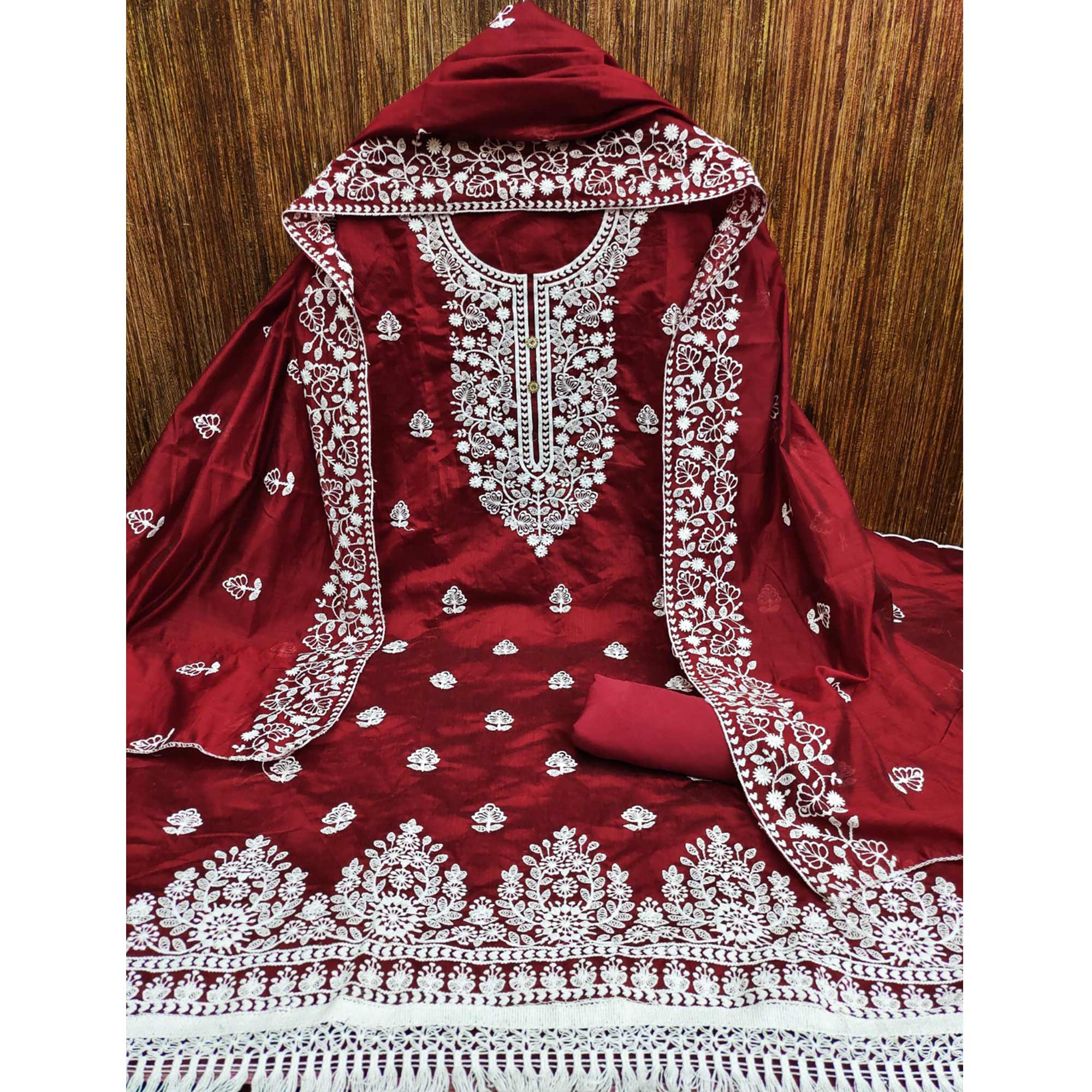 Maroon Floral Embroidered Chanderi Cotton Dress Material - Image 3