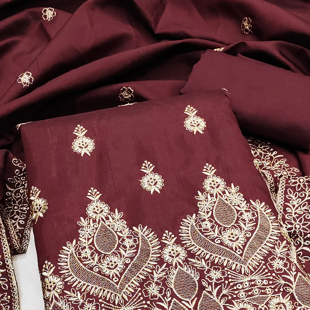 Maroon Floral Embroidered Cotton Blend Dress Material - Image 2