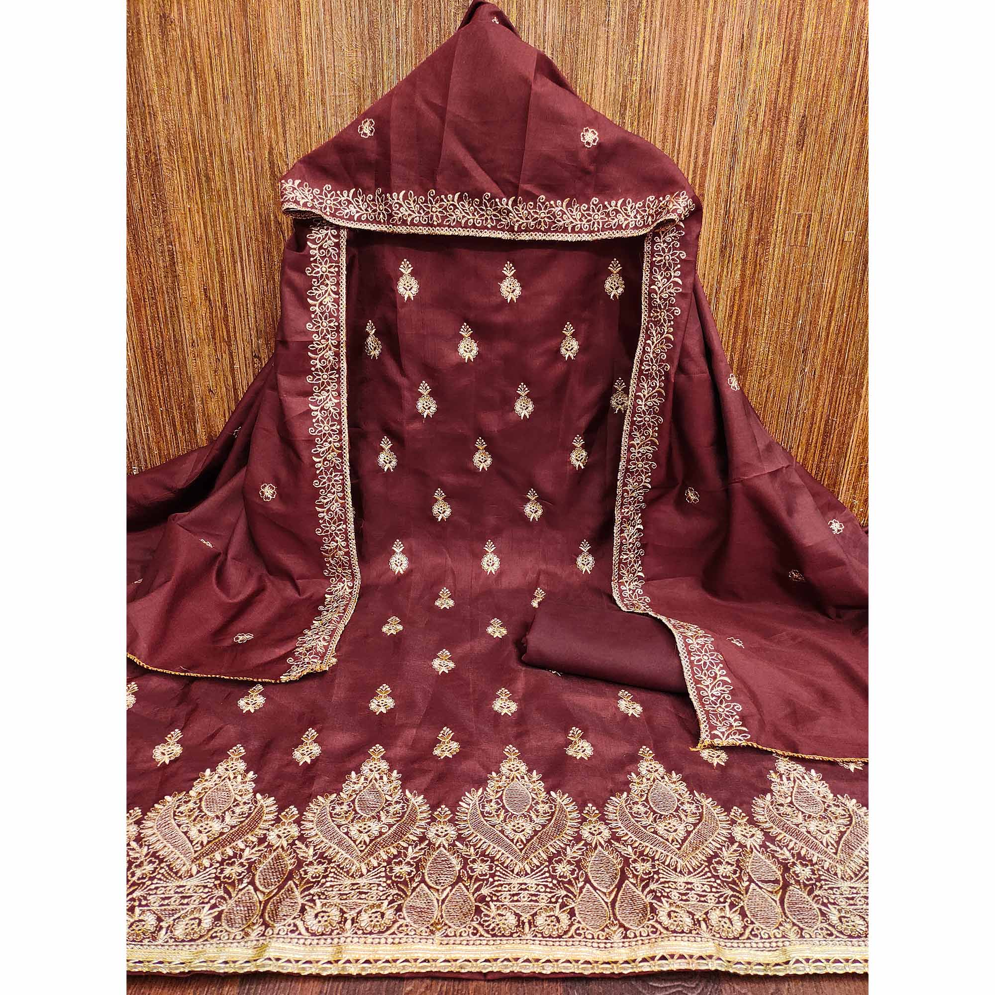 Maroon Floral Embroidered Cotton Blend Dress Material - Image 3